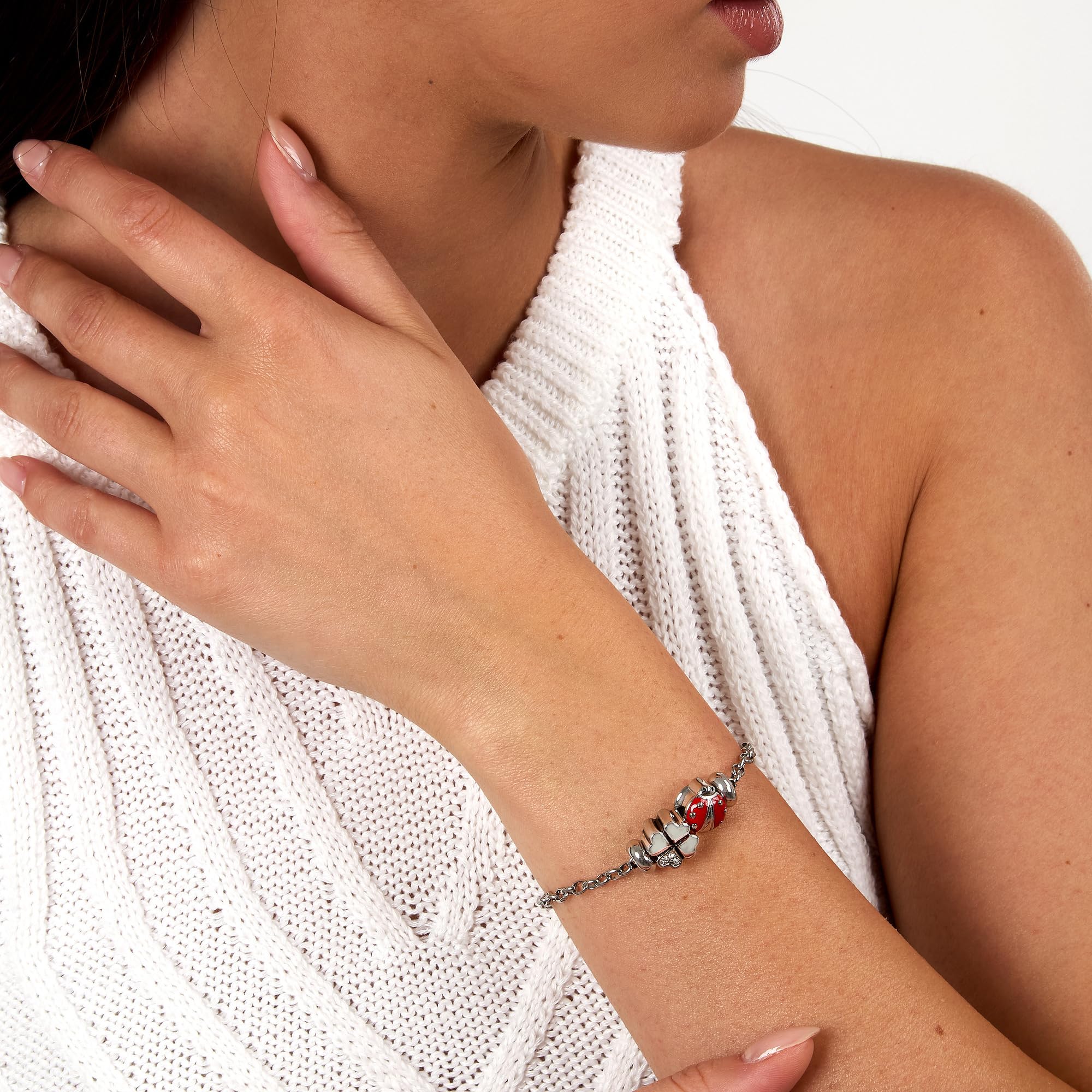 Morellato SCZ676 Bracciale da Donna, Collezione Drops, Coccinella e Quadrifoglio Portafortuna, in Acciaio Inossidabile, Lunghezza 17+3 cm, Idea Regalo Amica