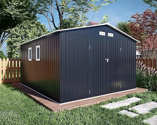 VanAcc Cobertizo de almacenamiento para exteriores de 10 x 12 x 7.5 pies, kit de cobertizos de jardín de metal de acero galvanizado con 2 ventanas