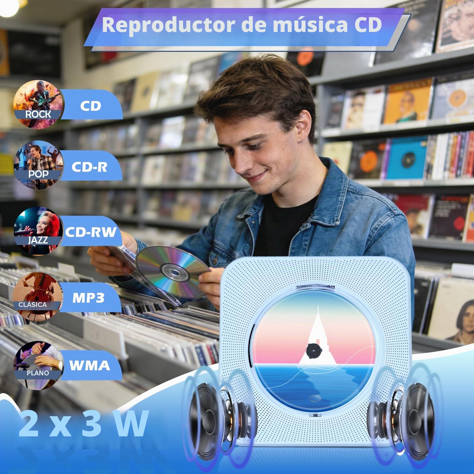 Reproductor CD Portátil Infantil, Reproductor de CD Bluetooth y Altavoces HiFi CASA, Home CD Player Compatible con USB/Radio FM/Conector para Auriculares/Temporizador de Apagado (no Recargable)