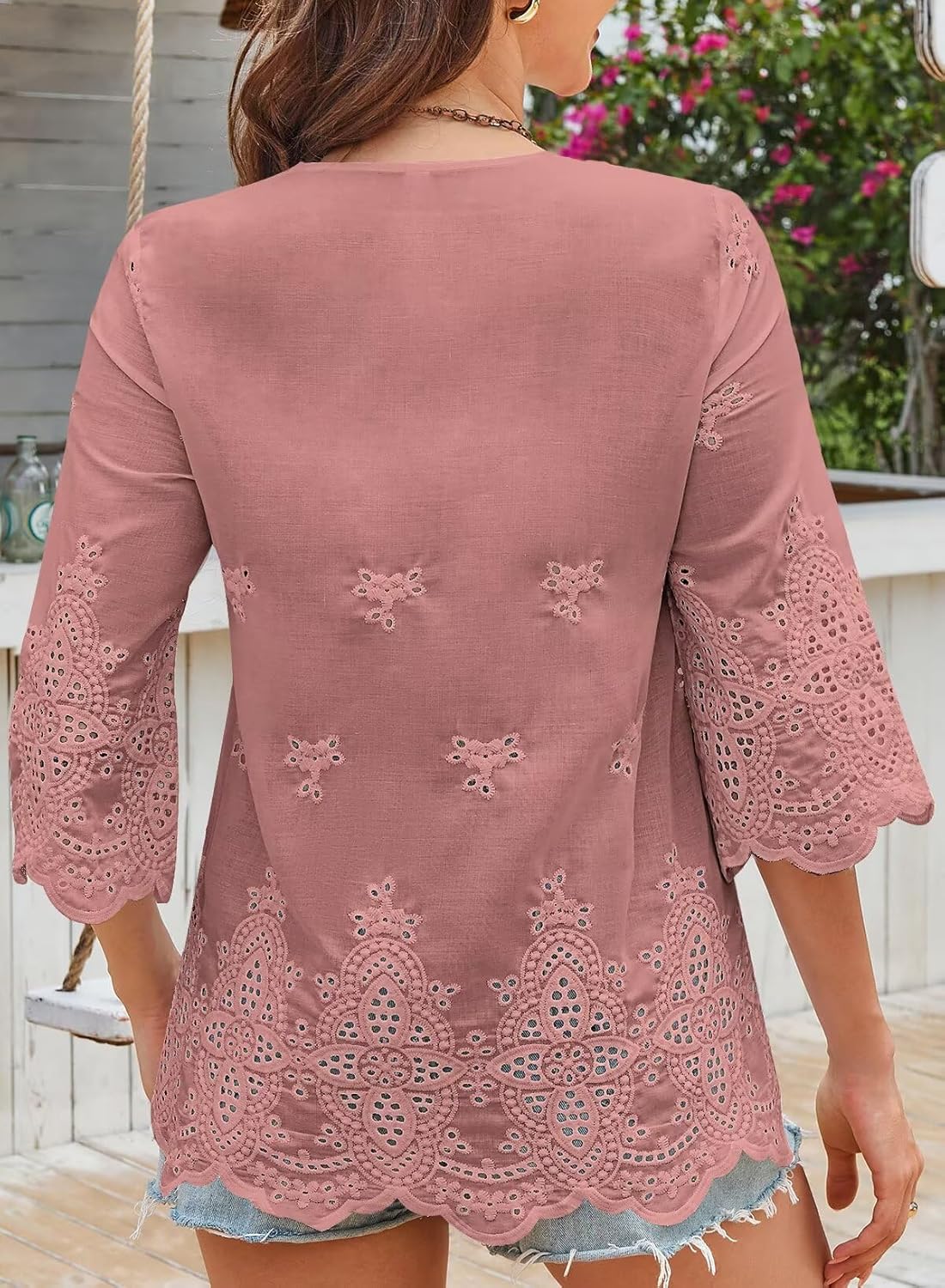 Womens Tops 3/4 Length Sleeve Eyelet Blouse Peasant Flowy Boho Top Hollow Out Embroidered Notch V Neck Shirts - Image 5