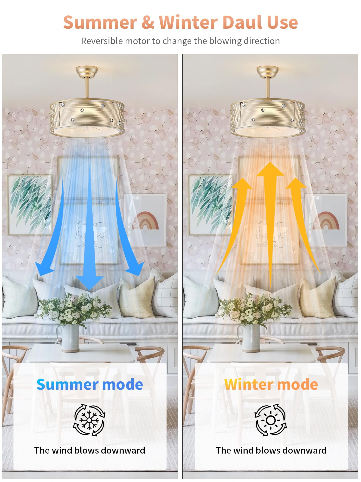 MizWacky Gold Crystal Fandelier Ceiling Fans with Lights, 20" Gold Flower Chandelier Ceiling Fan with Light Remote Control, Caged Mid-Century with 6 Speeds for Bedroom, Nursery, Living Room: Gold