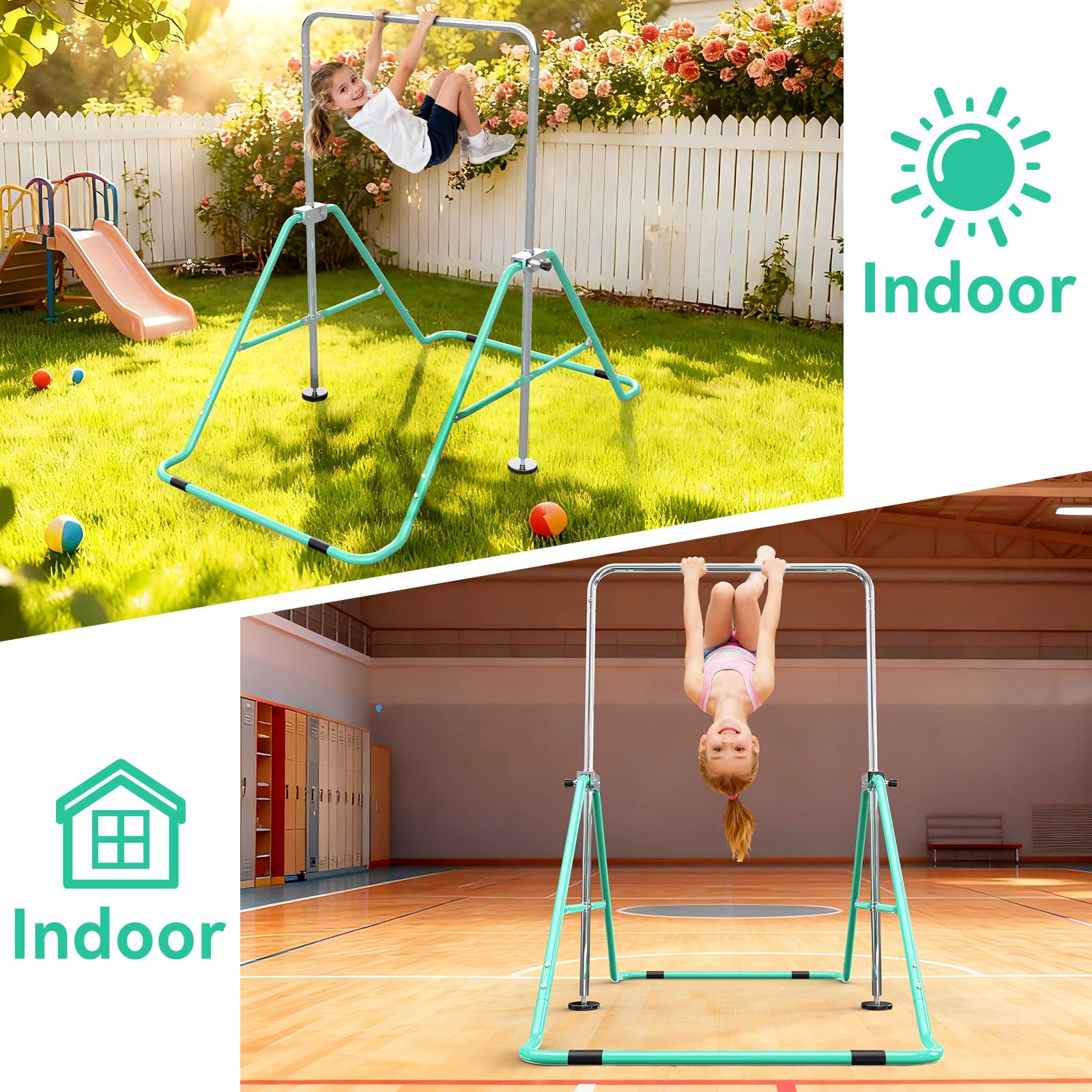 Barra de Gimnasia para Niños, Altura Ajustable y Plegable – con Anillos, Barra Horizontal para Interior, Equipo de Entrenamiento en Casa para Niñas y Niños