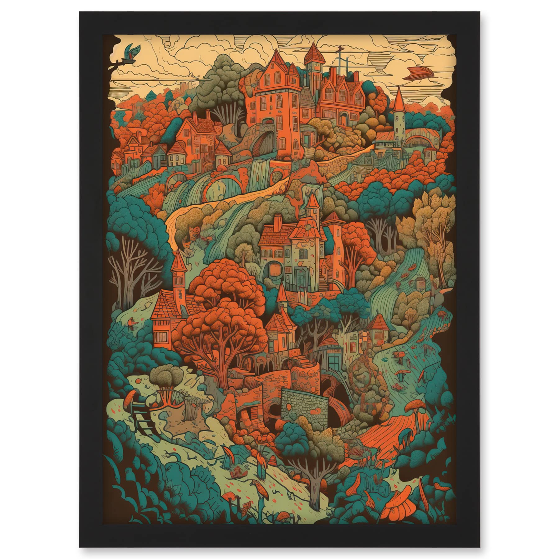 Artery8 Village in Forest Coral and Teal Blue Illustration Artwork Framed A3 Wall Art Print