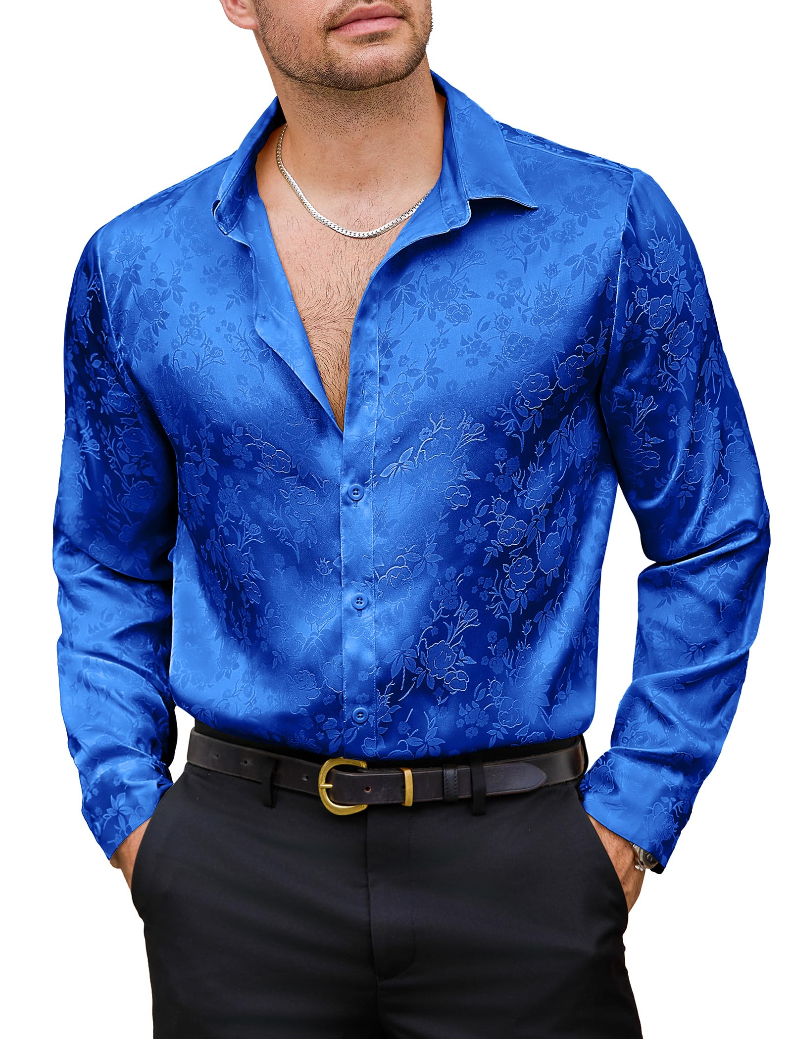 Vssjavun Mens Satin Dress Shirts Long Sleeve Silk Shirt Shiny Luxury Button Up Floral Shirt Party Prom Wedding Shirts