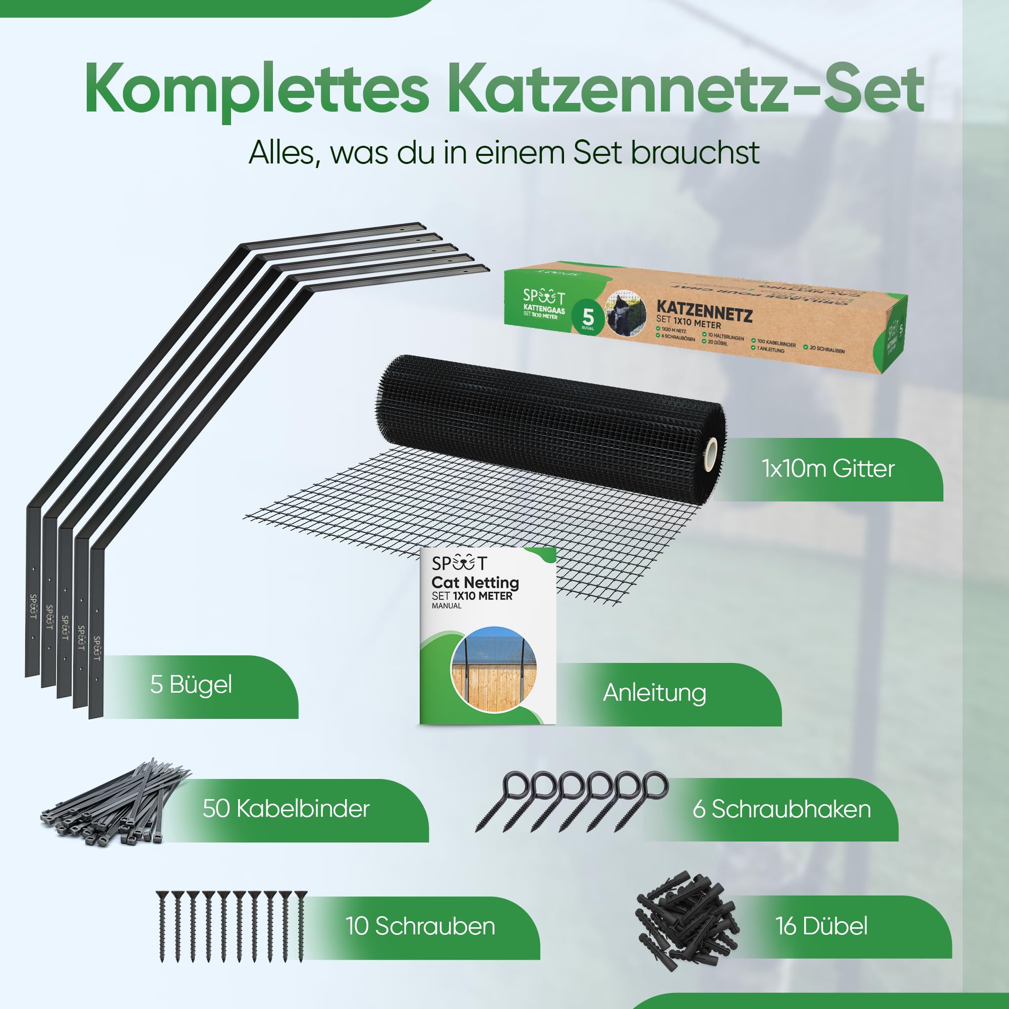 Kattengaas 1 x 10 Meter inklusive Halterungen - Vorteilsset