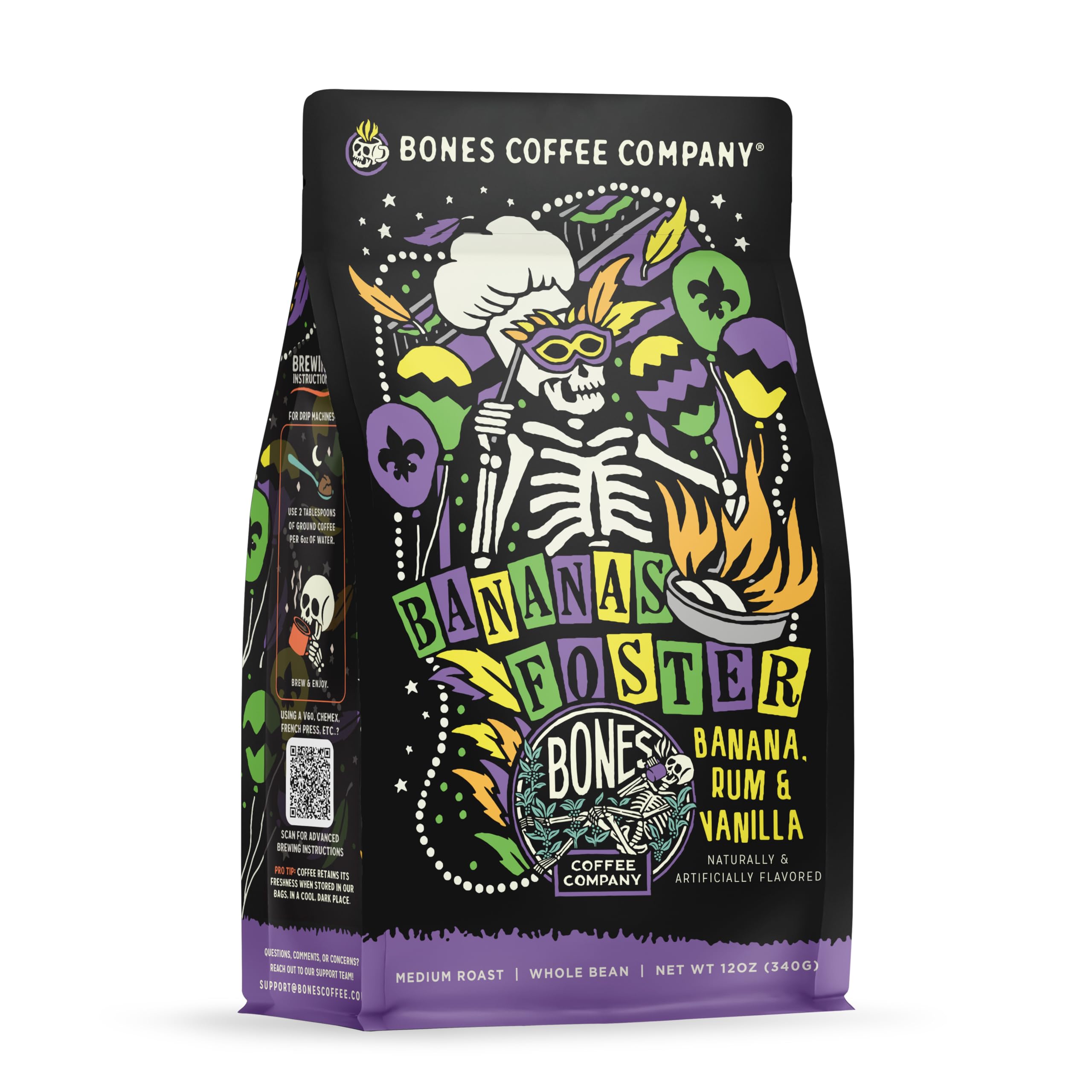 Bones Coffee Company Bananas Foster, Banana, Rum and Vanilla Flavored Coffee, Medium Roast Low Acid Arabica Beans Compatible with Auto drip and French