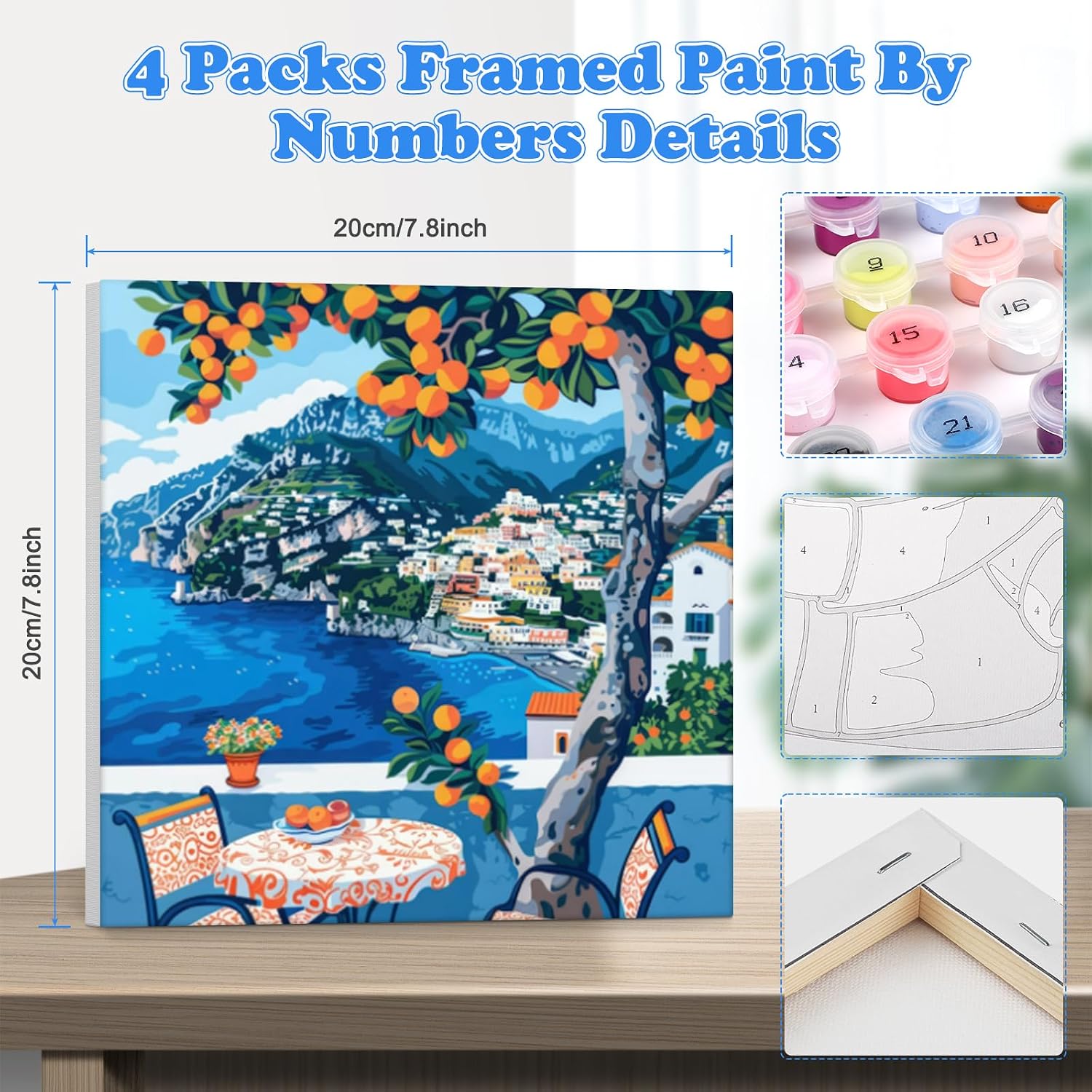 GHHKUD Framed 4 Pack City Travle Paint by Numbers for Kids Adults, Painting by Numbers Landscape for Kids Ages 8-12, DIY Acrylic Painting Children Beginner Gifts Home Wall Decor 20x20cm