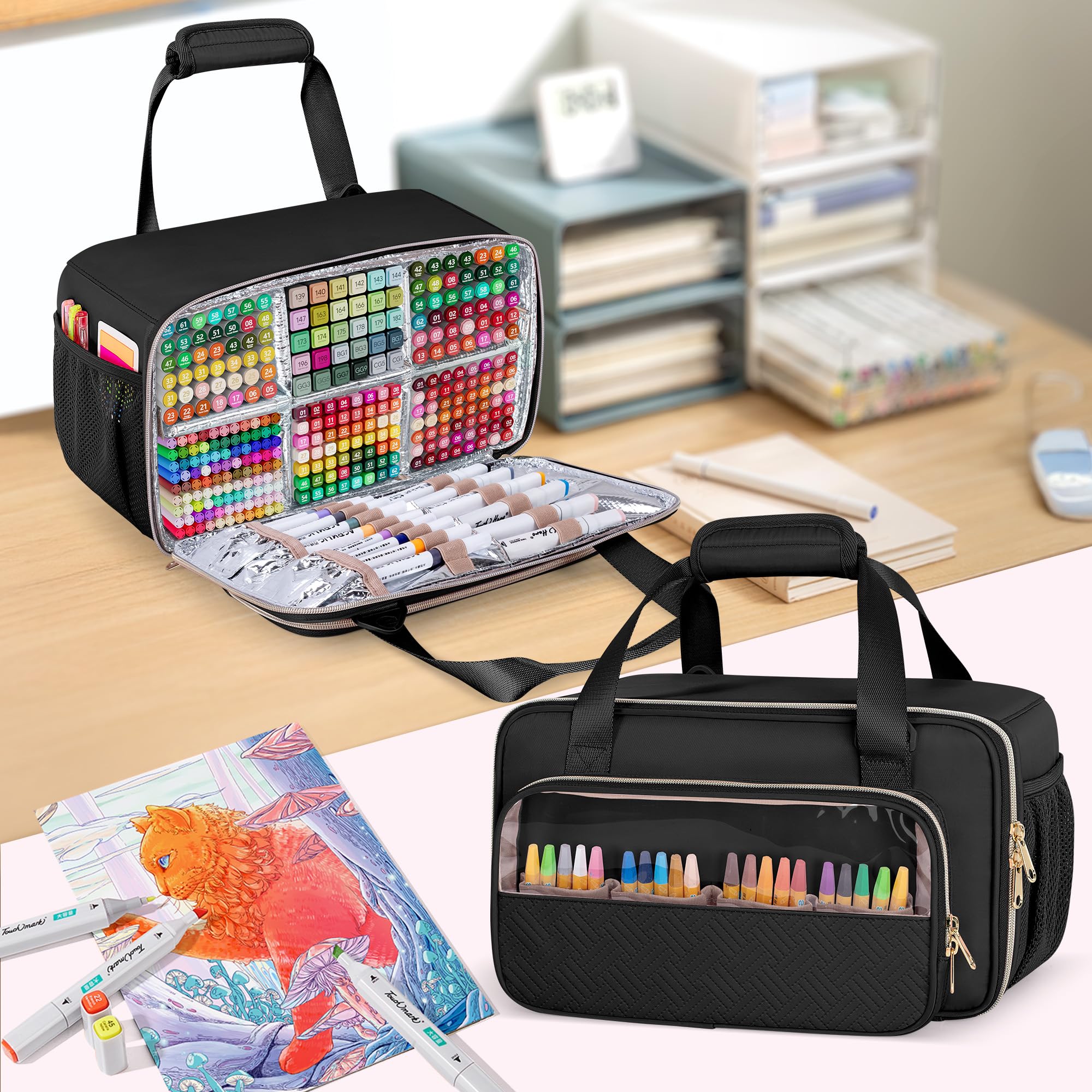 Étui de Rangement pour Marqueurs Pouvant Contenir Jusqu'à 216 Marqueurs, Sac de Rangement pour Marqueurs de Voyage, Sac de Rangement Portable avec Bandoulière, Noir
