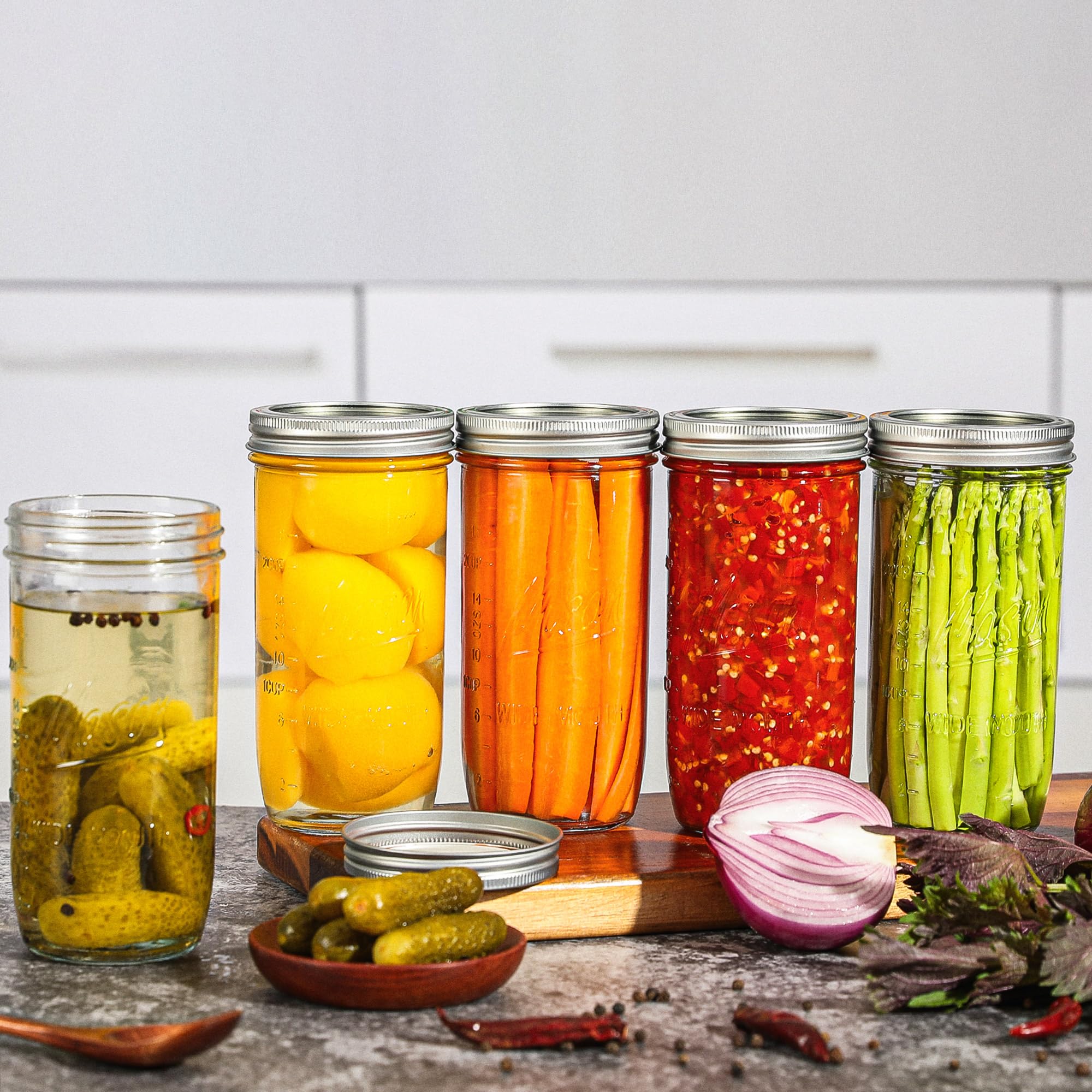 Tarros Mason de boca ancha de 24 onzas, tarros de conservas con tapas herméticas de metal y bandas, tarros de vidrio Mason de 24 onzas para fermentación, encurtidos, preparación de comidas, avena