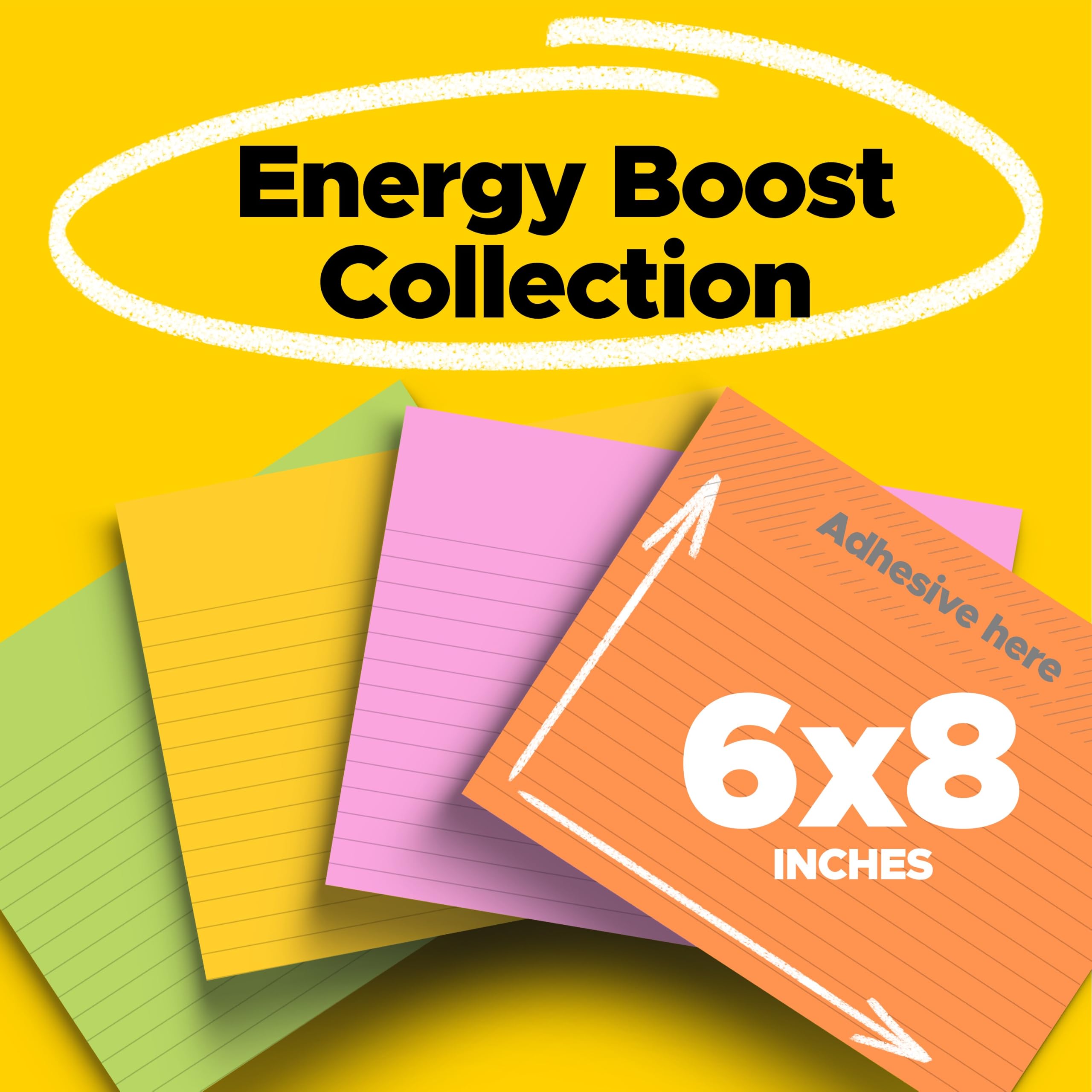 Super Sticky Large Format Notes, 8 x 6, Lined, Four Colors, 4 45-Sheet Pads/Pack, Sold as 1 Package