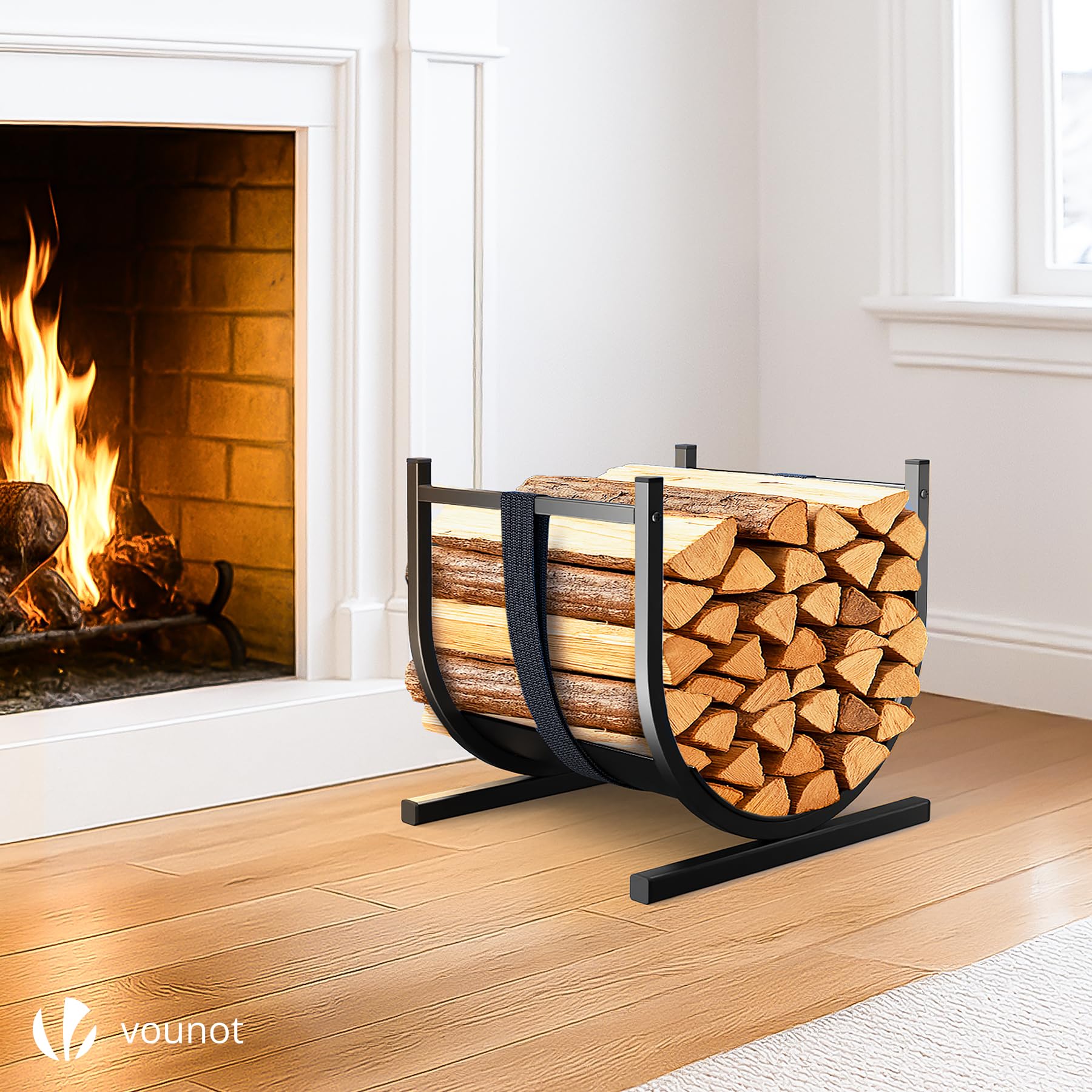 VOUNOT® Portalegna da Interno a Forma di U con Cinghia di Sicurezza, Cesta Porta Legna in Metallo per Camino e Esterno, Base Robusta e Stabile per Legna da Ardere, 41x37x39,5 cm, Nero