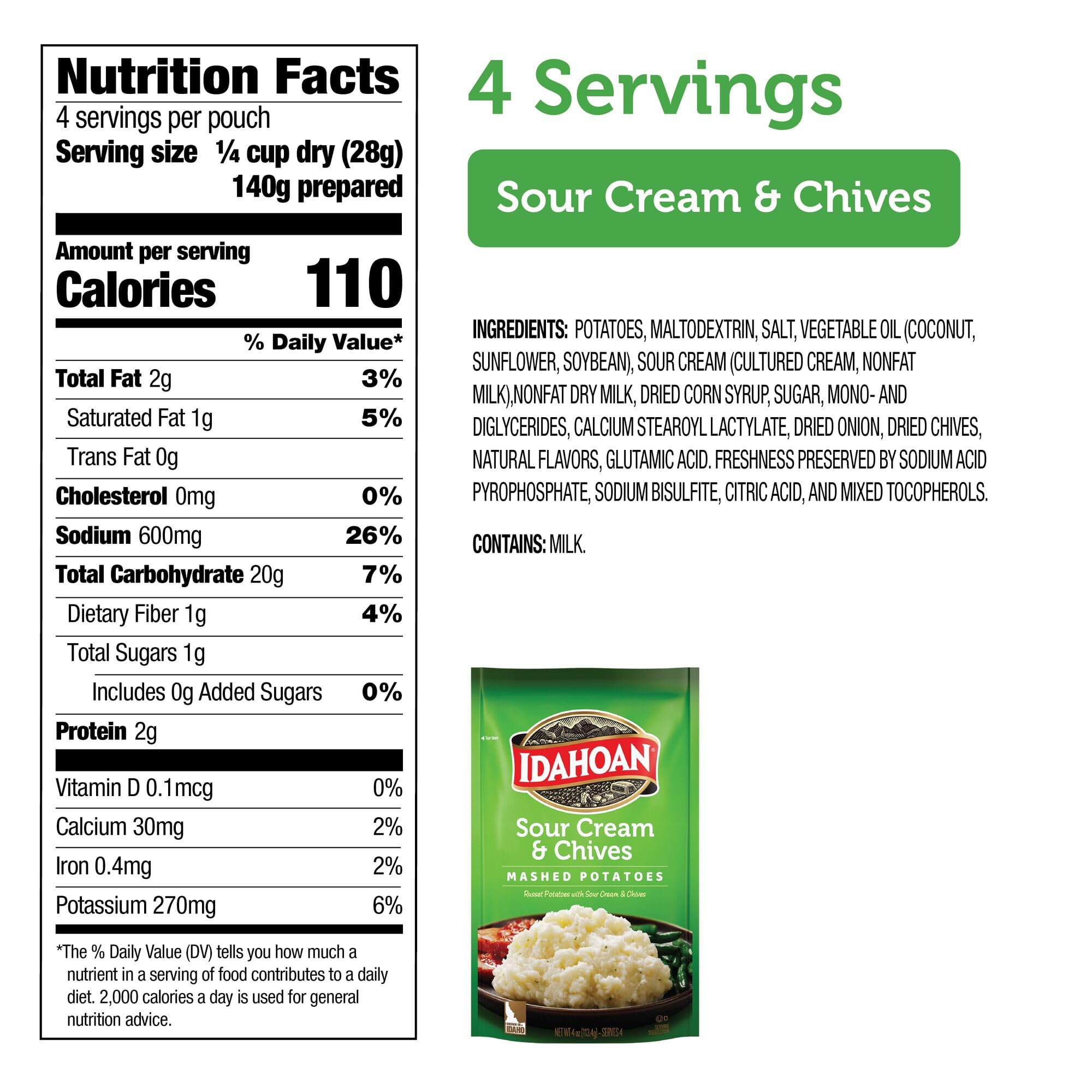Idahoan Sour Cream & Chives Mashed Potatoes, Naturally Gluten-Free, 100% Real Idaho Potatoes, 4 servings per bag, 4 ounce (Pack of 12)