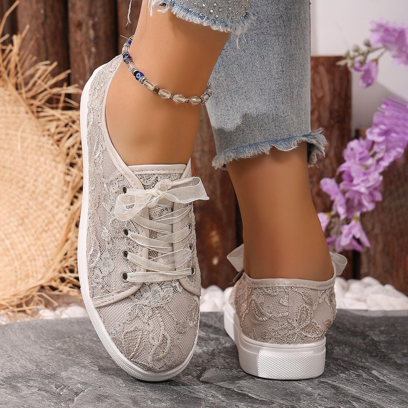 Trachtenschuhe Damen Flach Spitzen Dirndlschuhe Trachten Dirndl Schuhe Braut Oktoberfest Sneaker zum Kleid Hochzeitsschuhe Leichte Bequem Stoffschuhe Atmungsaktive Mesh Sommerschuhe