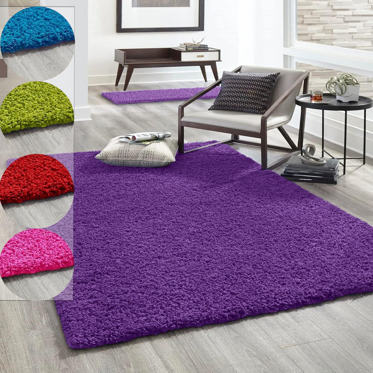 VIMODA Hochflor Teppich Prime Shaggy Langflor Wohnzimmer Schlafzimmer Rund Farbig, Farbe:Lila, Maße:200x280 cm