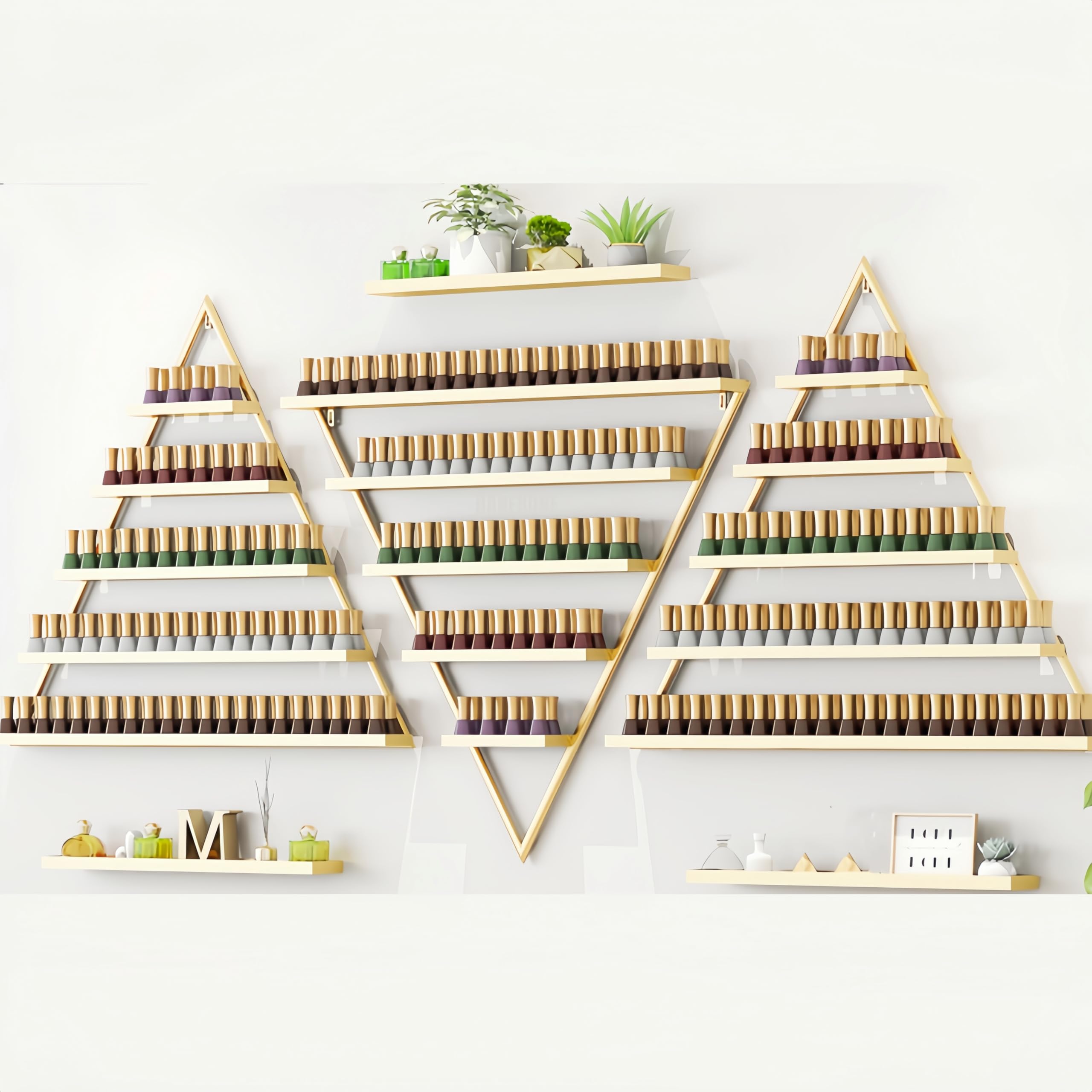 BANEBONE Elegant Gold Wall Mounted Nail Polish Rack - Set of 6 Triangular Cosmetic Display Shelves for Essential Oil Bottles, Organize Your Lipsticks and Perfumes in Style at Home or Salon (Gold)