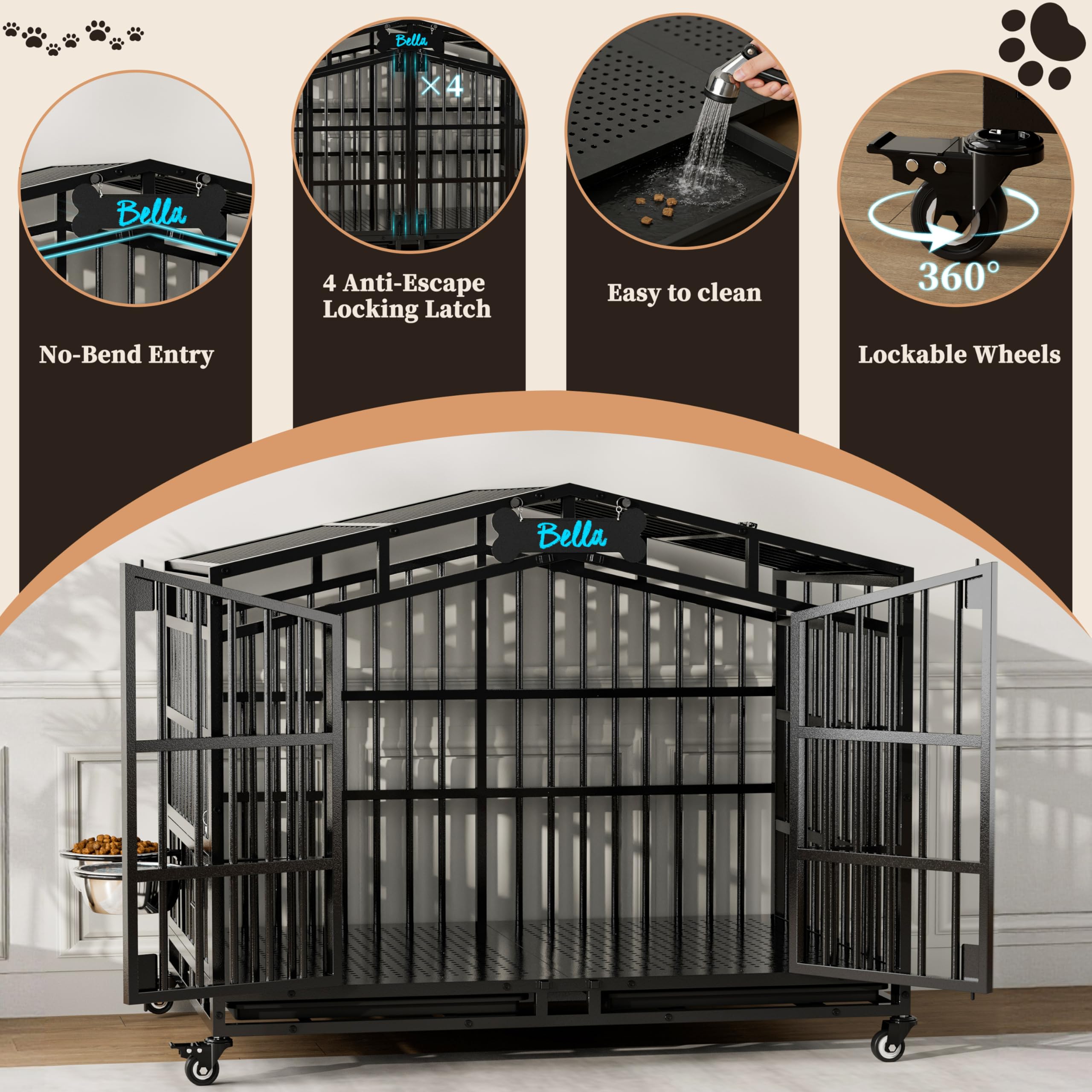 105cm XL Metall Große Hundekäfig Möbel, Extra Dickes Metall Hundebox für Zuhause mit 2 Hunde Näpfen & Namensschild, Offener Oberseite & 360° Rollen, Kau-/Ausbruchsicher - 105x65x88cm
