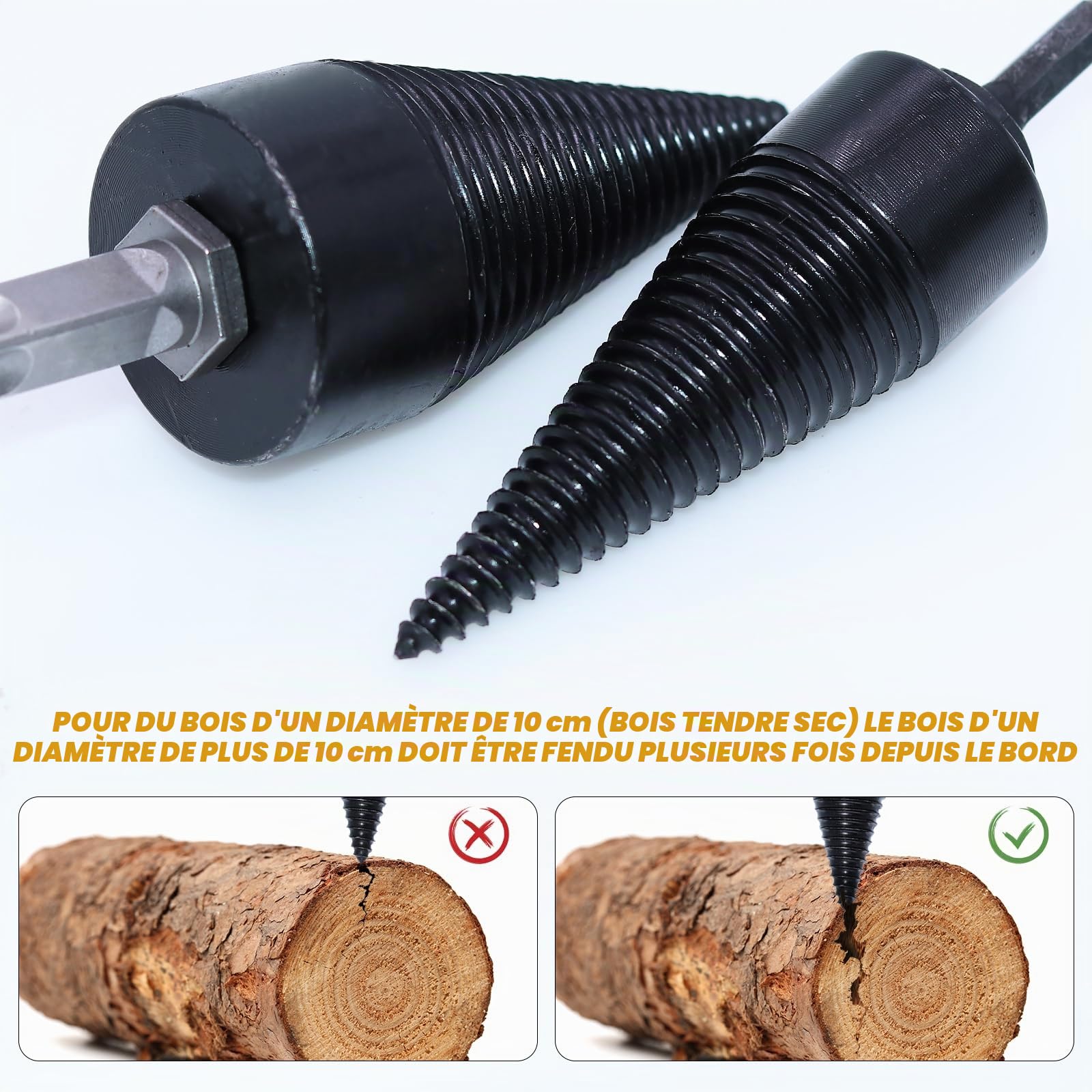 Fendeur de Bûche 42mm + 32mm Foret Conique avec 4 Poignées de Perçage