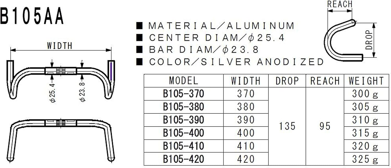 Nitto Drop Handle B105AA B105-370 φ10.0 inches (25.4 cm), 14.6 inches (370 cm), Silver