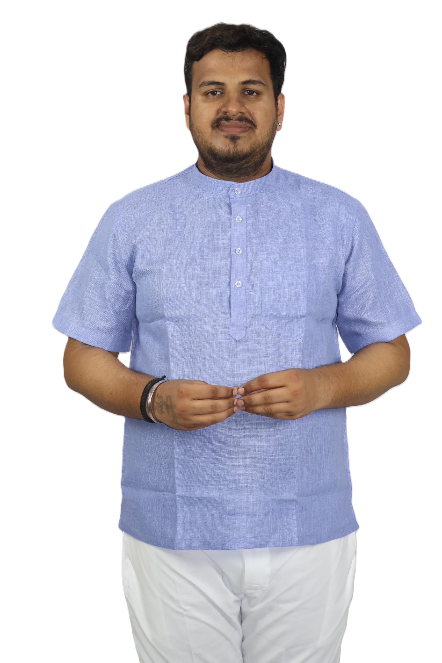 Men's Short Kurta, Violet, Mandarin Collar, Short Sleeve, Casual Ethnic Wear, Sharplinen HS-picture-51