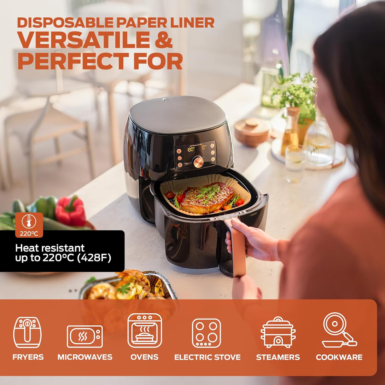 PORTENTUM Air Fryer Liners 100PCS Disposable, Unbleached and Greaseproof. Suitable from 3.5 to 6 liters. Food-grade Use Baking Paper BPA Free, FDA, and LFGB Certified