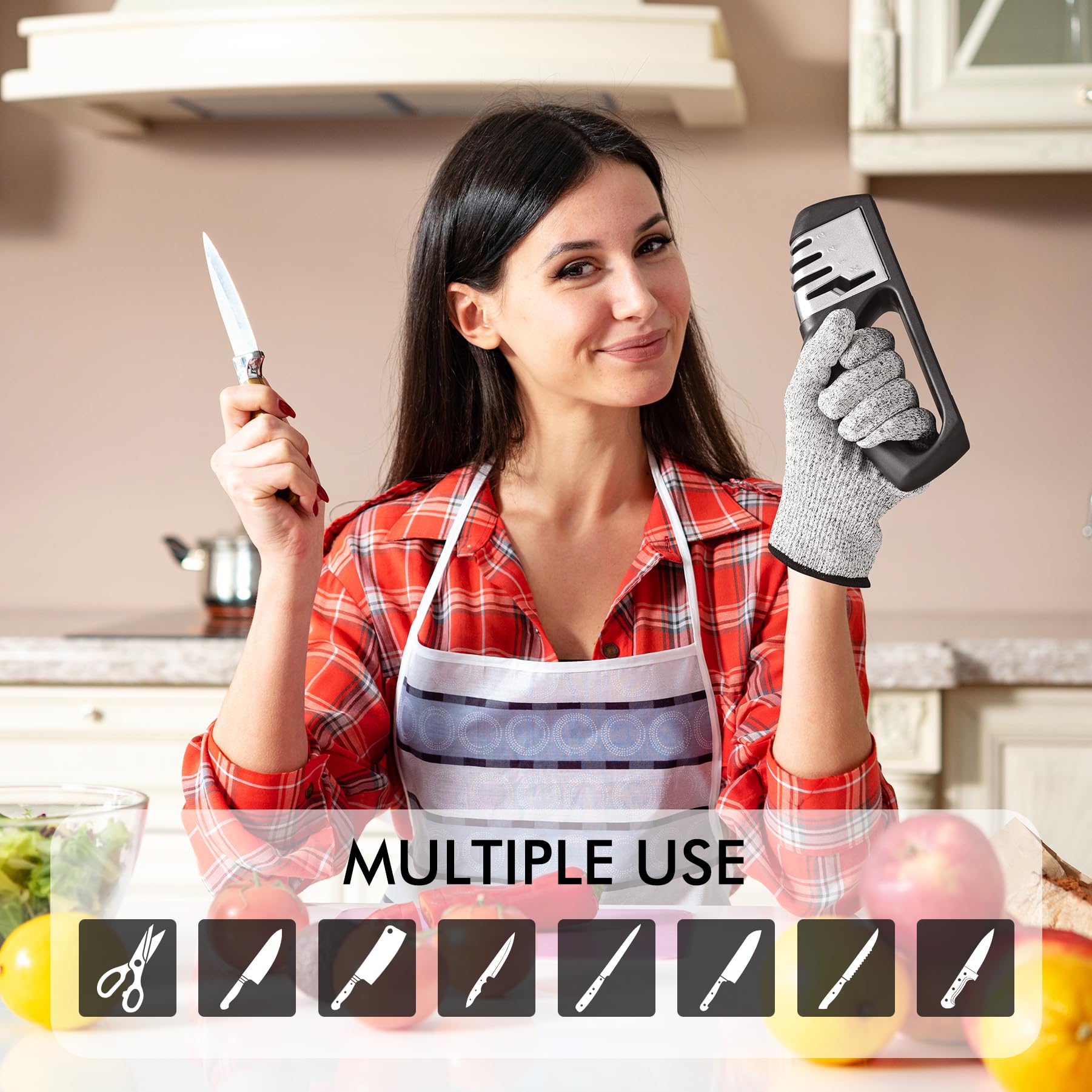 HOTEC Afilador de cuchillos 4 en 1, afilador manual de 3 etapas para afilar cuchillos de cocina, 1 etapa para tijeras, piedra de cerámica, placas de carburo de tungsteno, varillas de diamante