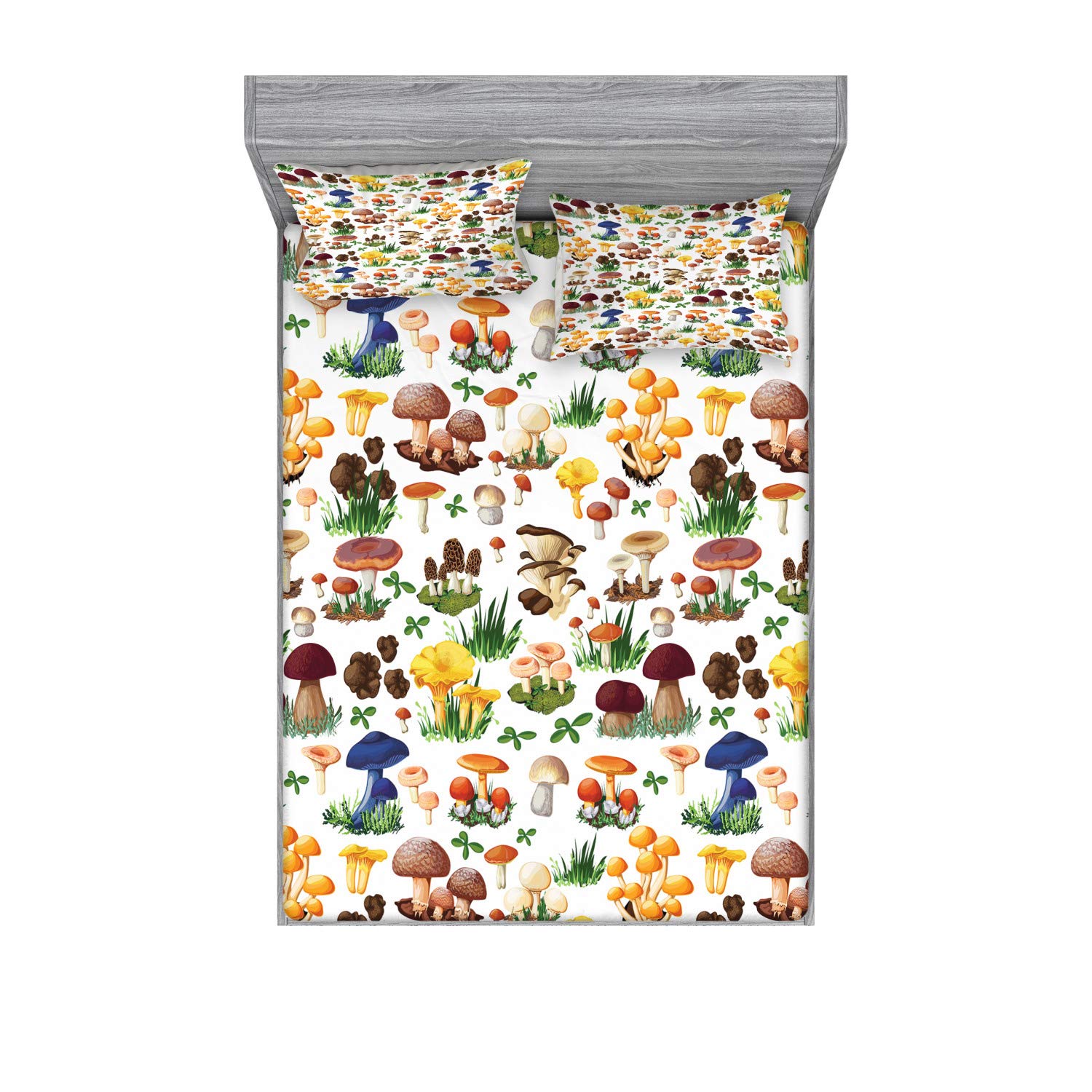 Ambesonne Mushroom Fitted Sheet & Pillow Sham Set, Pattern of Mushrooms Wild Species Natural Food Garden Theme Exotic Wilderness Art, Decorative