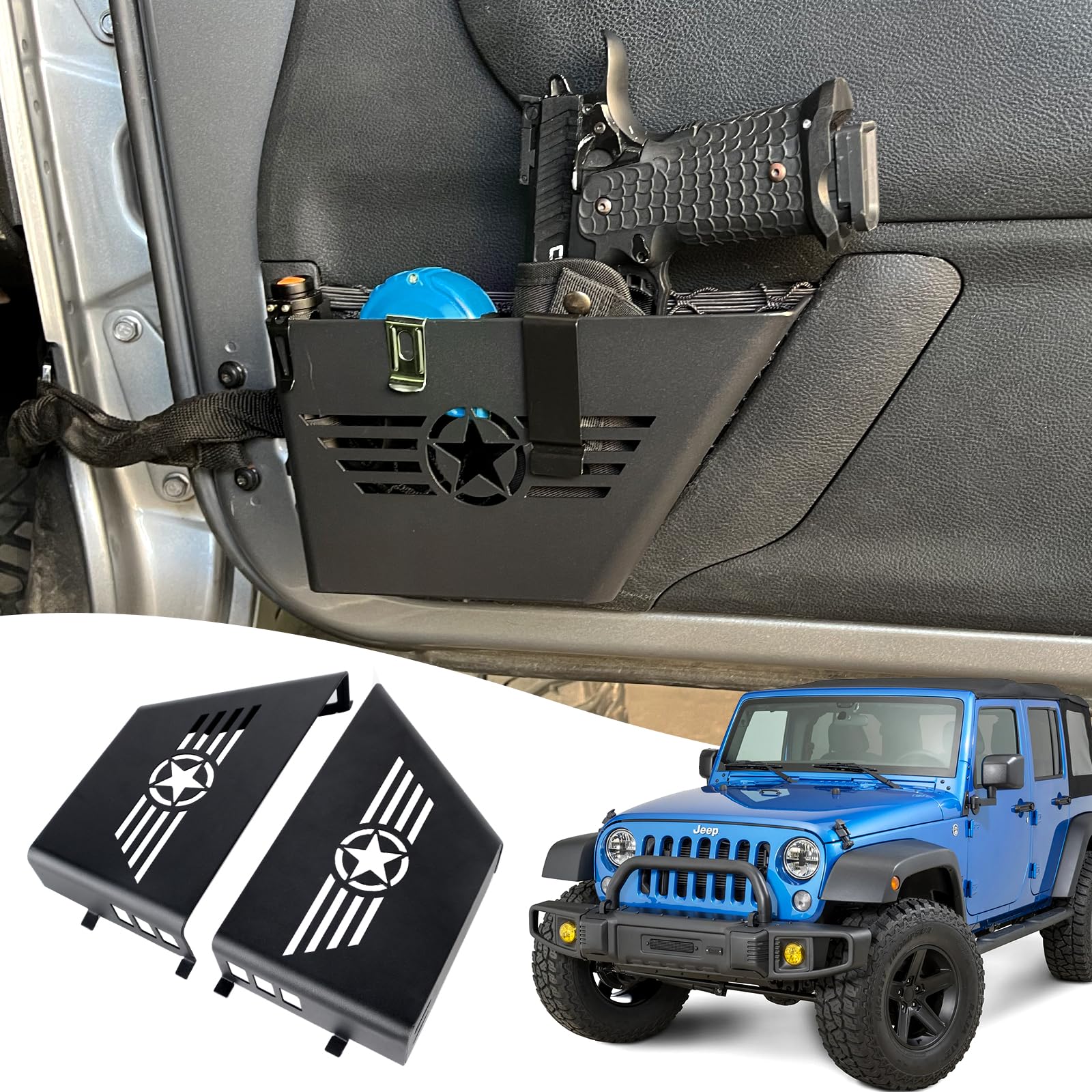 Guina Front Door Storage Bag Door Side Insert Box Storage Box for 2007-2018 Jeep Wrangler JK 2/4 Door 2pcs WWII Five Star Wind Black (Stainless Steel Upgraded Version)
