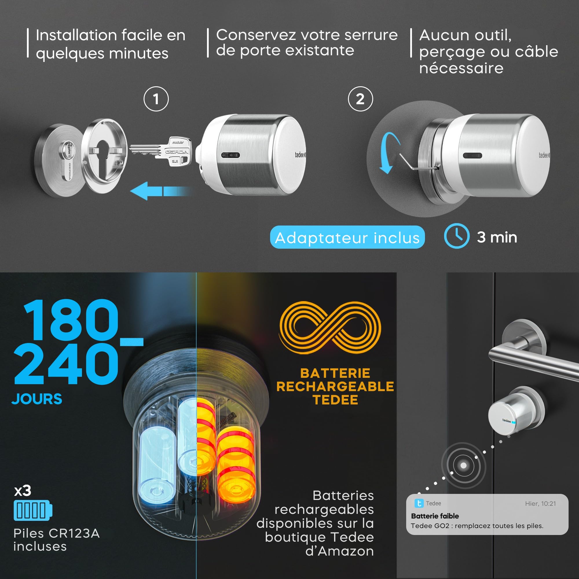 Tedee GO2 Alu Serrure Intelligente Connectée avec Keypad PRO et Cylindre EXXO Smart | Sécurité Classe 6, Empreinte Digitale, Entrée sans Clé | Compatible Matter, Alexa, Google Home, Apple, SmartThing