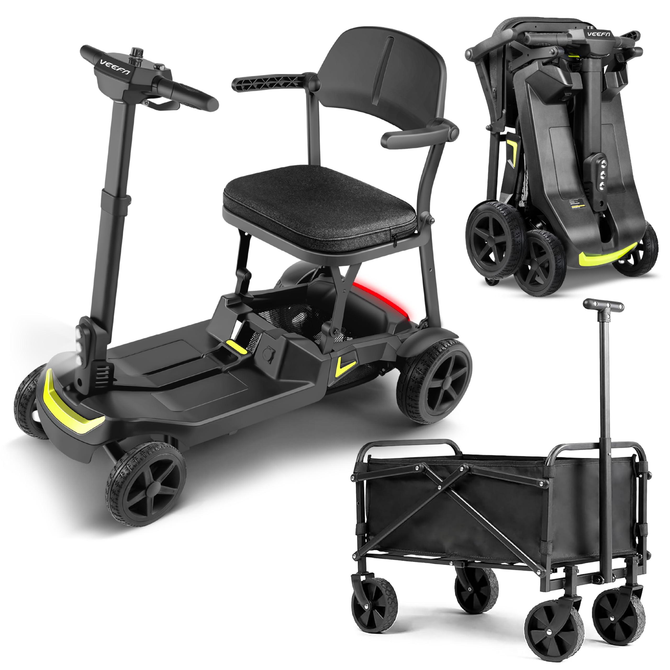 VEEFA Seniorenmobil 4 Rad, 17kg Leichtbau Doppelbatterie 36km Reichweite 8km/h, Elektromobil Aluminium für Auto/Flugzeug/Bahn, E Roller mit Sitz 122kg Tragkraft