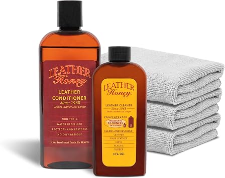 Leather Honey Complete Leather Care Kit Including 4 oz Cleaner, 8 oz Conditioner and 3 Applicator Cloths for use on Leather Apparel, Furniture, Auto Interiors, Shoes, Bags and Accessories