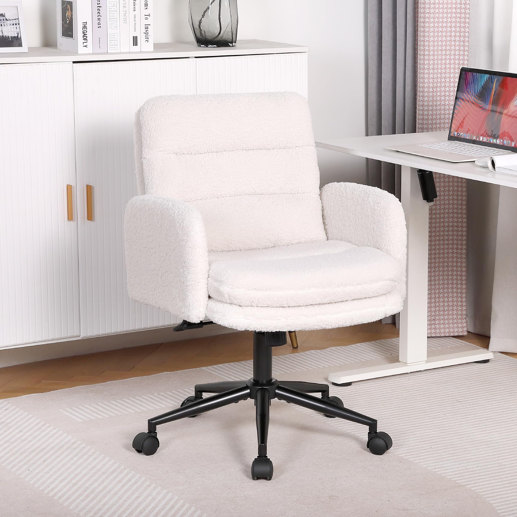 Youhauchair Mid Back Upholstered Swivel Home Office Desk Chair, Cream