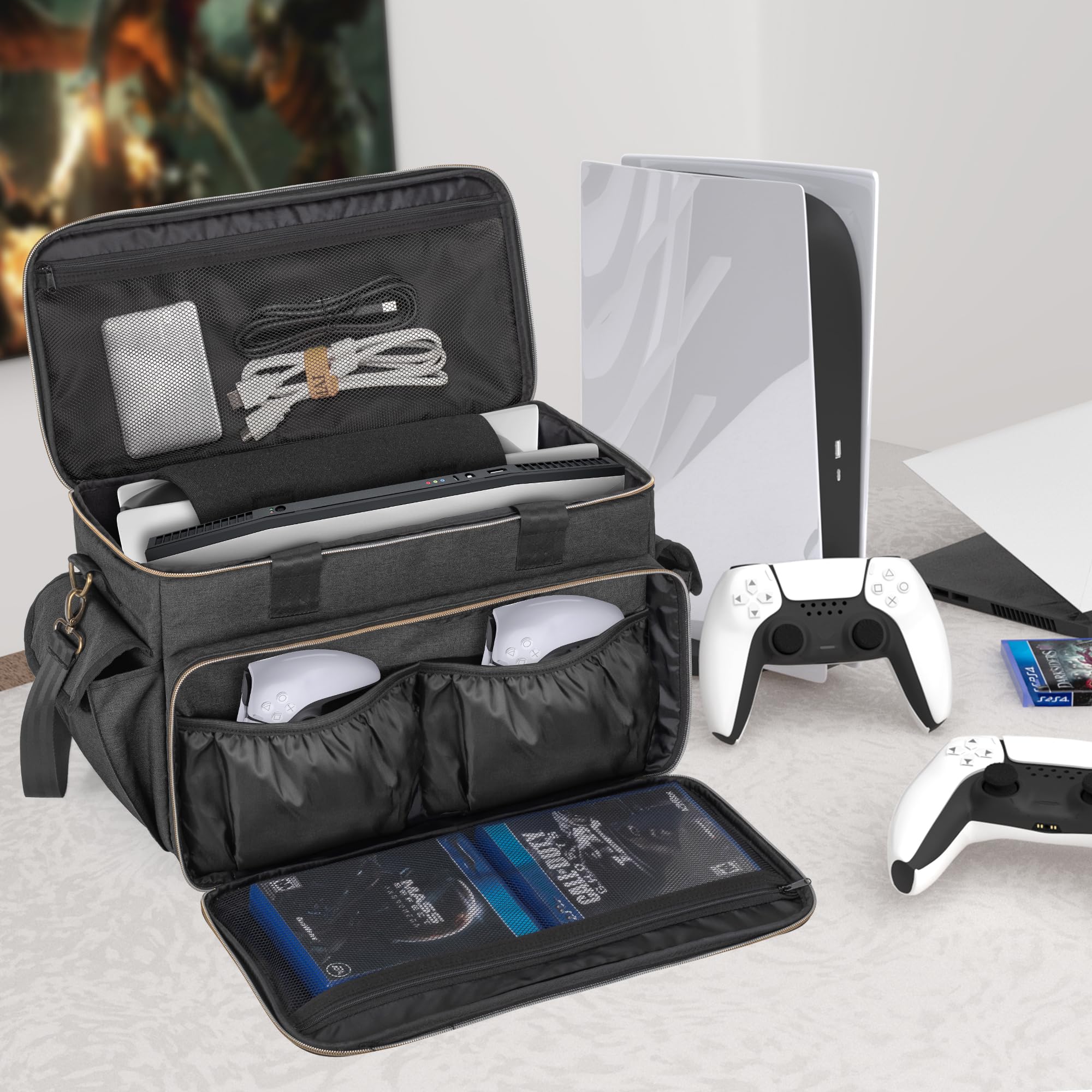 Trunab Torba Podróżna na Konsolę do Gier Kompatybilna z PS5/PS4/Xbox One, Torba na Ramię na Playstation 4/5, Futerał z Wieloma Kieszeniami na Laptopa 15,6” i Akcesoria do Gier