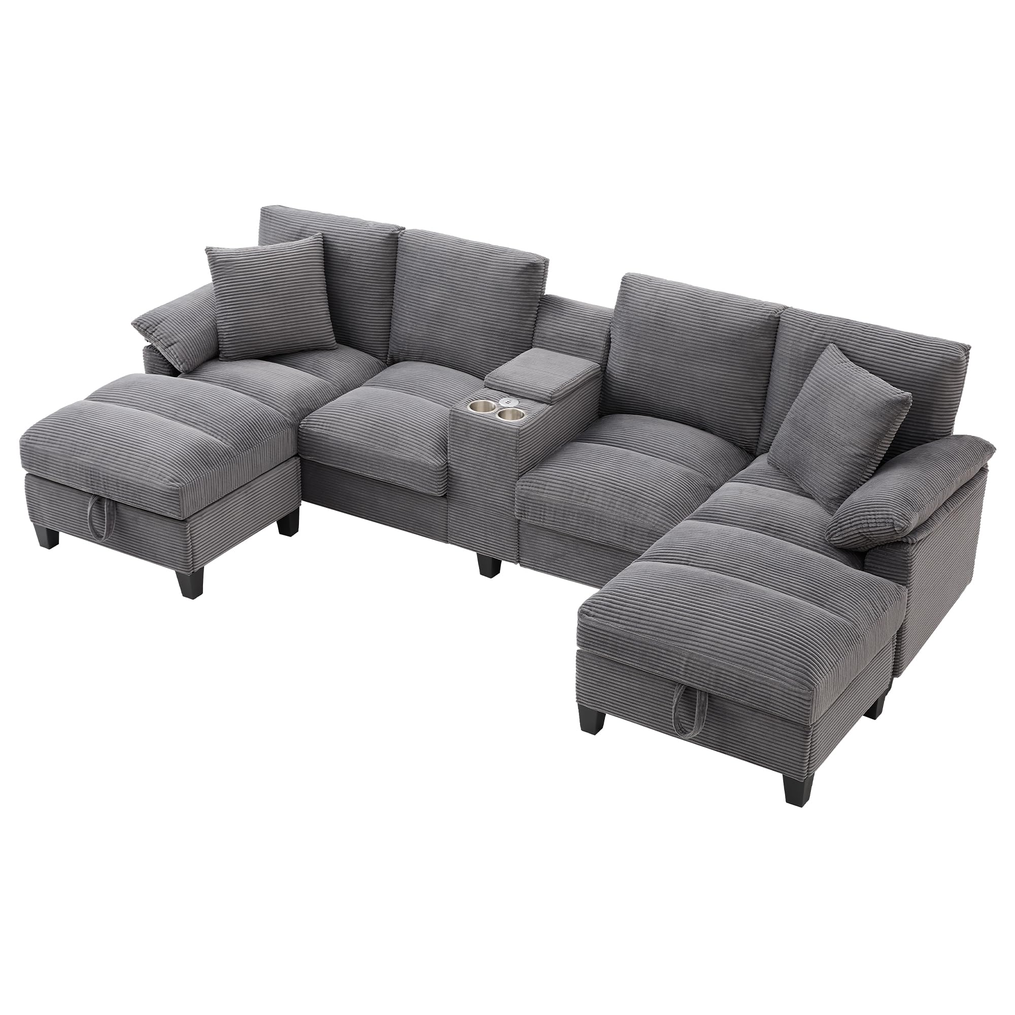 Azkoeesy - Sofá de 4 plazas con 2 reposapiés y espacio de almacenamiento, consola con 2 portavasos y enchufe, 293 cm, forma U, tapizado en pana, adecuado para sala de estar, dormitorio y apartamentos