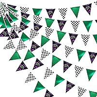 Vista 21 de Decoraciones de Fiesta de Carreras de 32 Pies Azul Polvoriento Negro Blanco a Cuadros Banner de Tela de Auto de Carreras Bandera Triangular Banderín