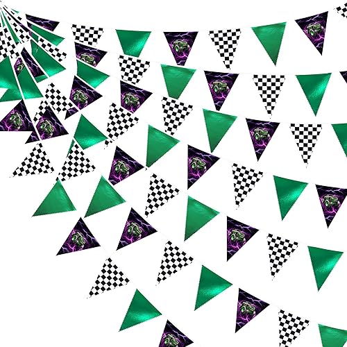 Vista 21 de Decoraciones de Fiesta de Carreras de 32 Pies Azul Polvoriento Negro Blanco a Cuadros Banner de Tela de Auto de Carreras Bandera Triangular Banderín