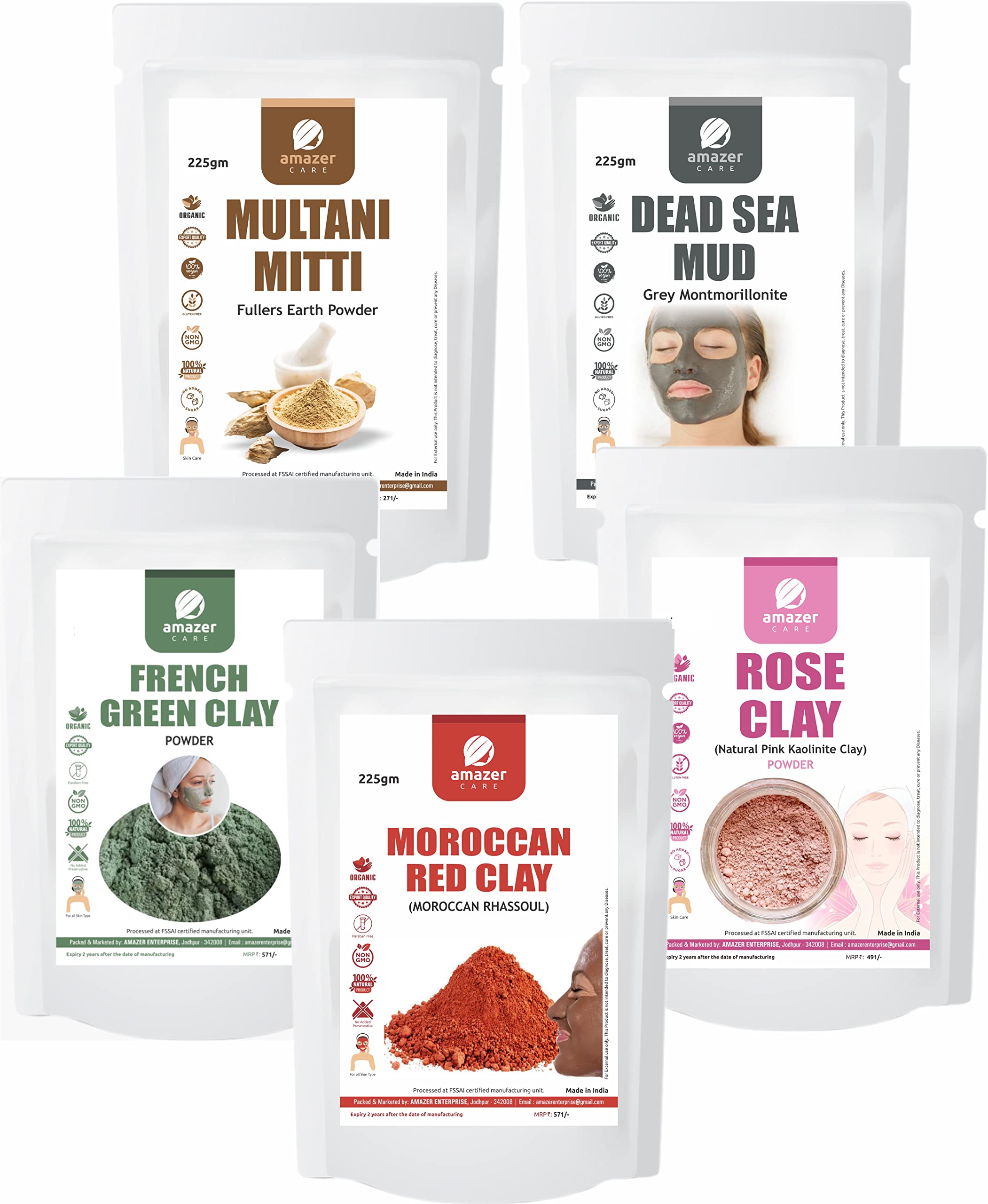 Clay Powder Super Combo Moroccan Red + French Green + Rose Clay + Dead Sea Mud + Multani Mitti for Face Pack, Body & Hair (1125gm 5 Pouches) mud powder pack
