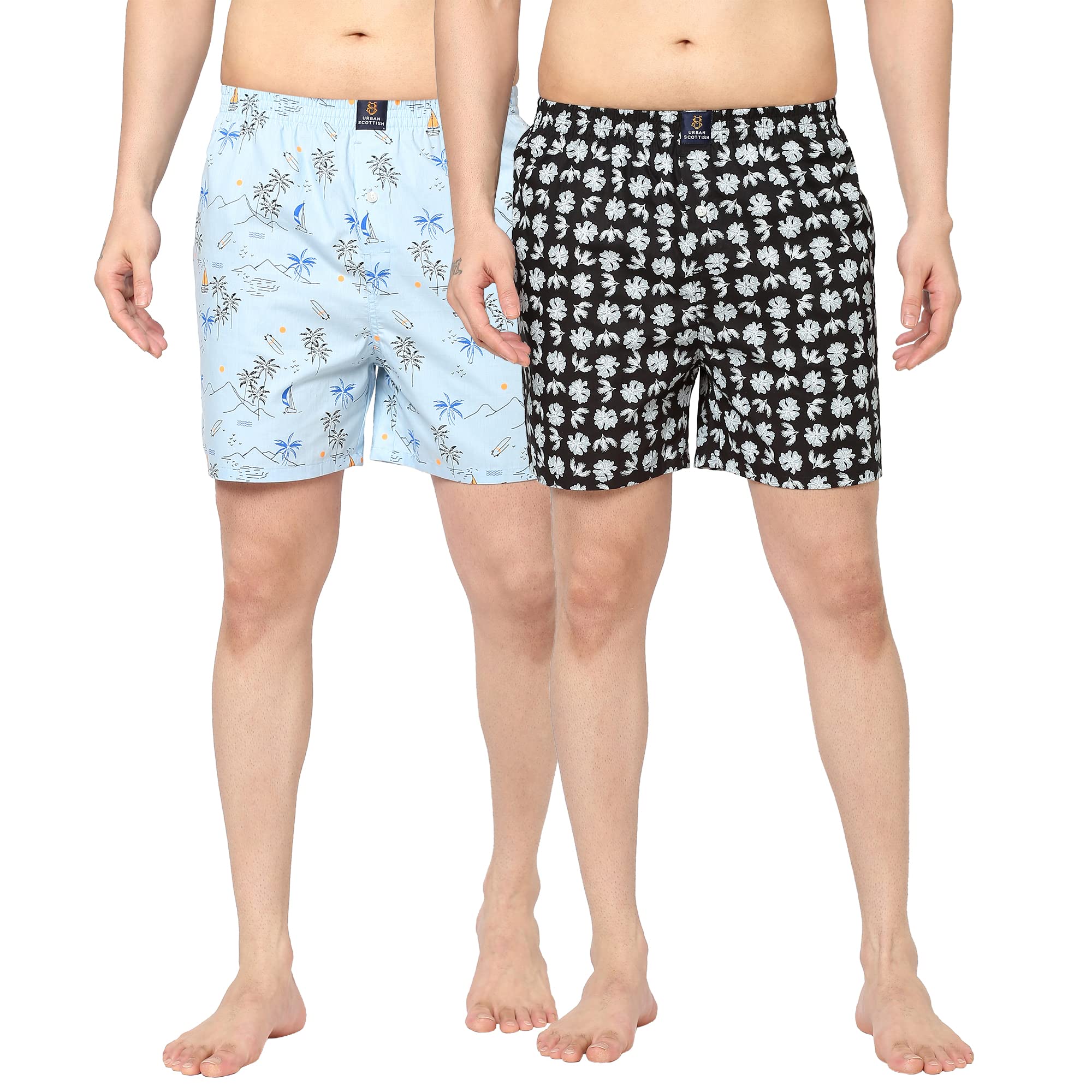 Urban Scottish Men's Multi-Coloured 100% Cotton Printed Regular Boxers (Pack of 2)