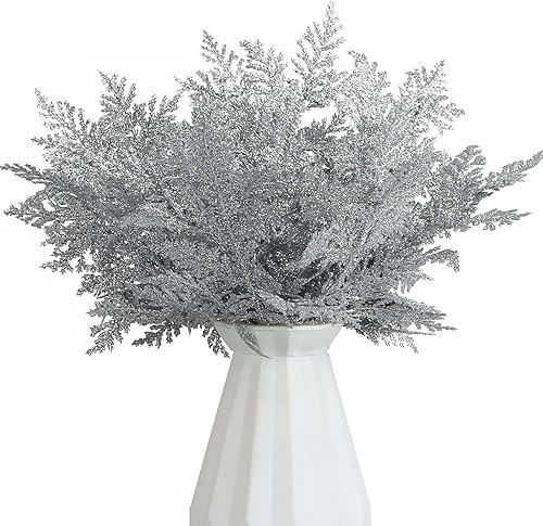 Miniatura 14 de FOIMAS 24 agujas de pino artificiales con purpurina, ramas florales de Navidad, ramas falsas de ramitas florales, aerosoles para coronas de árbol