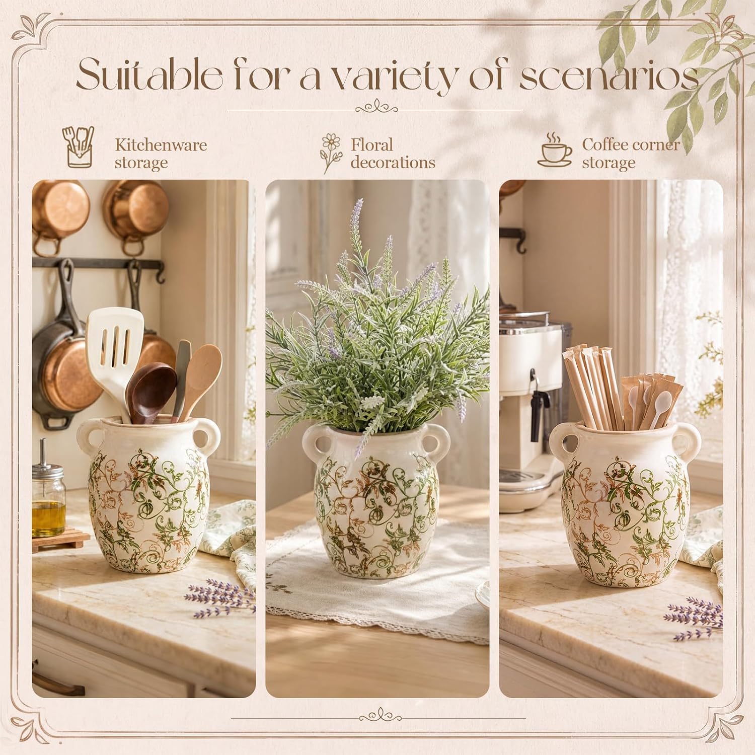 7.6" Ceramic Utensil Holder for Kitchen Counter, Cottage Style
