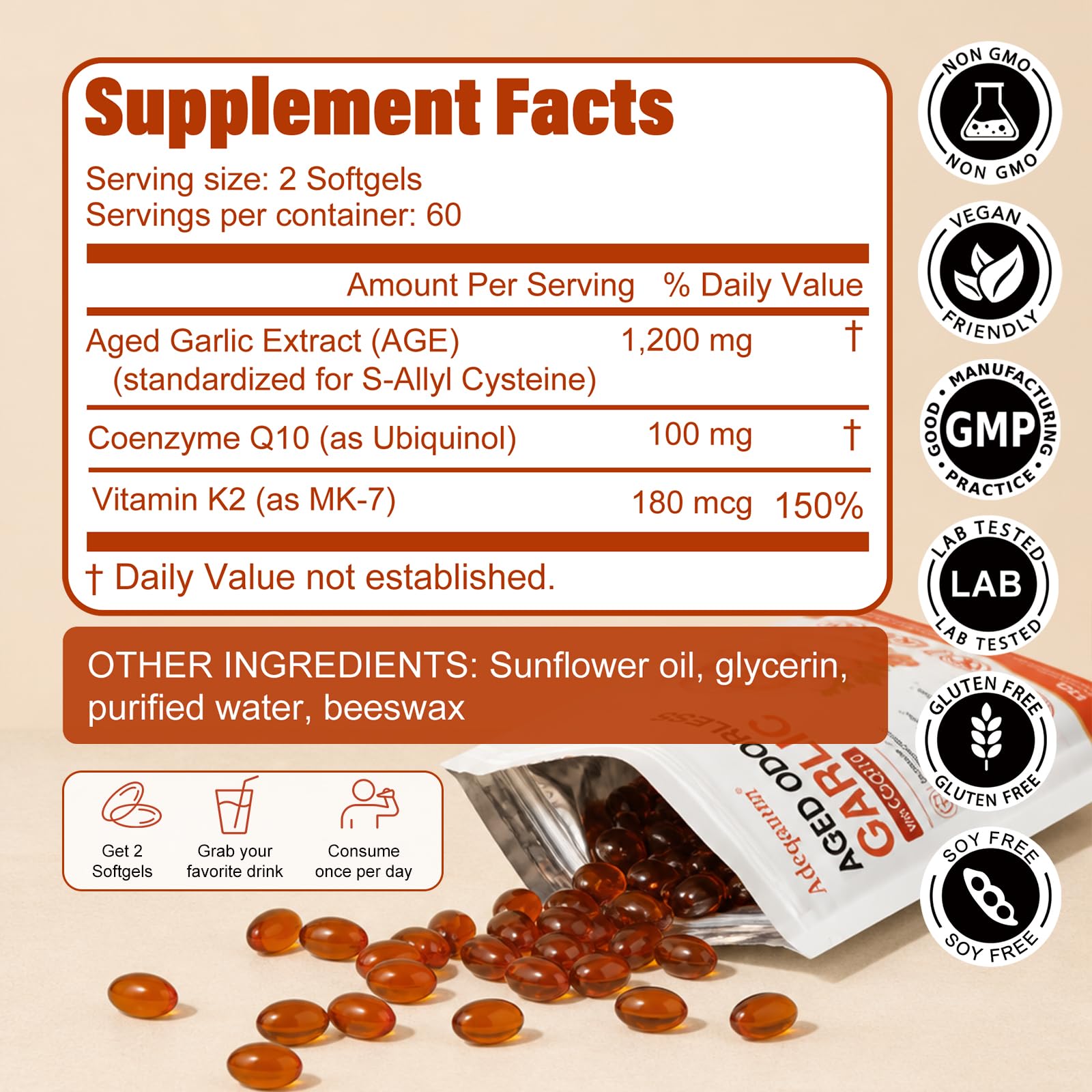 Aged Garlic Extract Softgels 1200 mg Odorless with CoQ10 Ubiquinol & Vitamin K2, 2 Years Aged Matured – Standardized for S-Allyl Cysteine | Heart & Immune Antioxidant Supplements, 120 Softgels — Amazon image 2