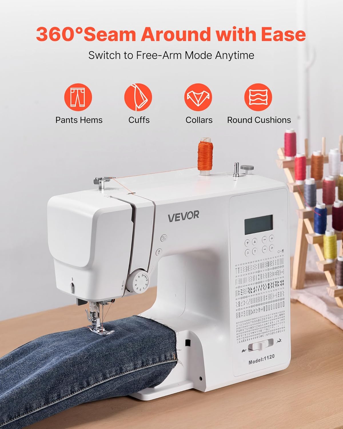VEVOR sewing machine in free-arm mode, demonstrating its use for sewing cuffs