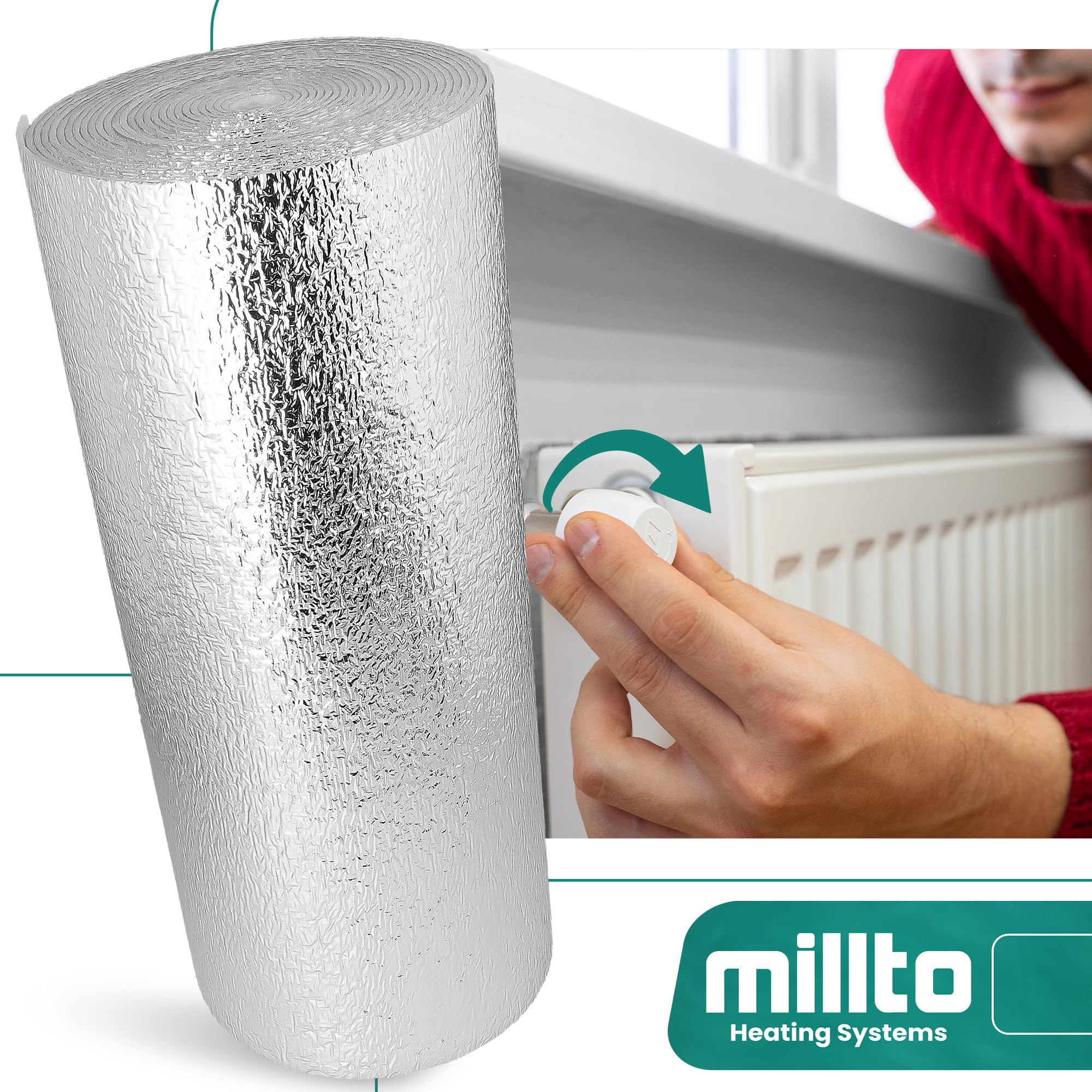 Millto™ Ekran Zagrzejnikowy Mata Aluminiowa 2,5m | Pianka Termoizolacyjna Izolacyjna Izolacja Ścienna Piankowa Folia Odblaskowa Uniwersalna Termiczna Grzejników Ścian