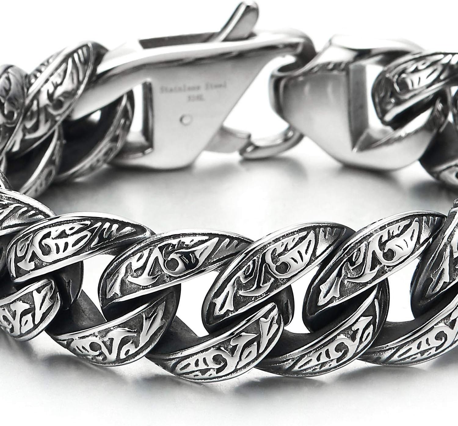 COOLSTEELANDBEYOND Mens Stainless Steel Vintage Fancy Curb Chain Bracelet with Tribal Tattoo Pattern, Retro Style, 8 inches - Image 2