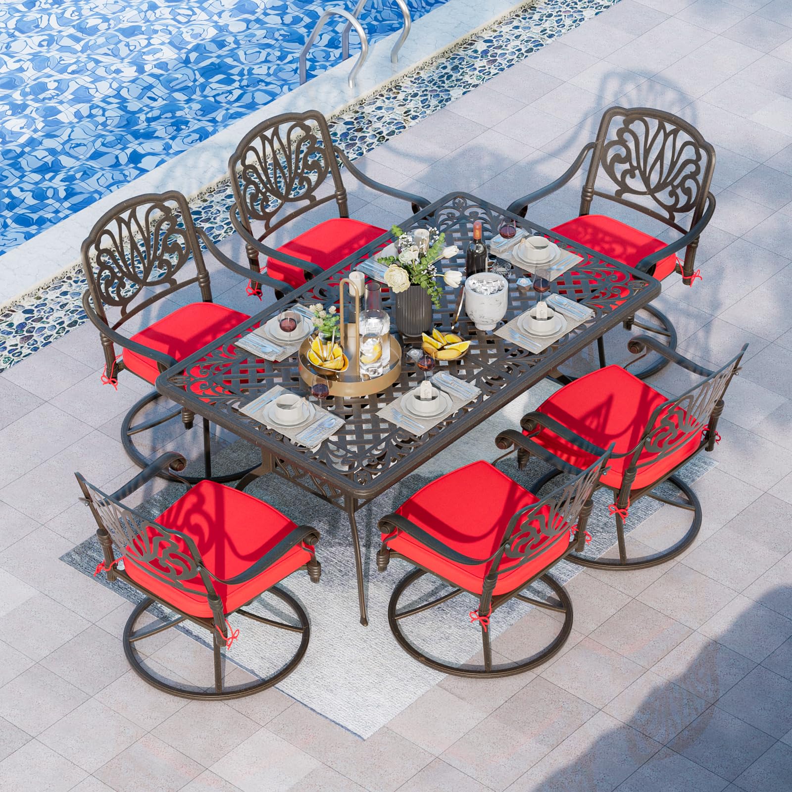 Grepatio 7 Piece Patio Dining Set Outdoor Dining Set Cast Aluminum Furniture Set with 6 Dining Swivel Chairs with 6 Cushions and Dining Table for