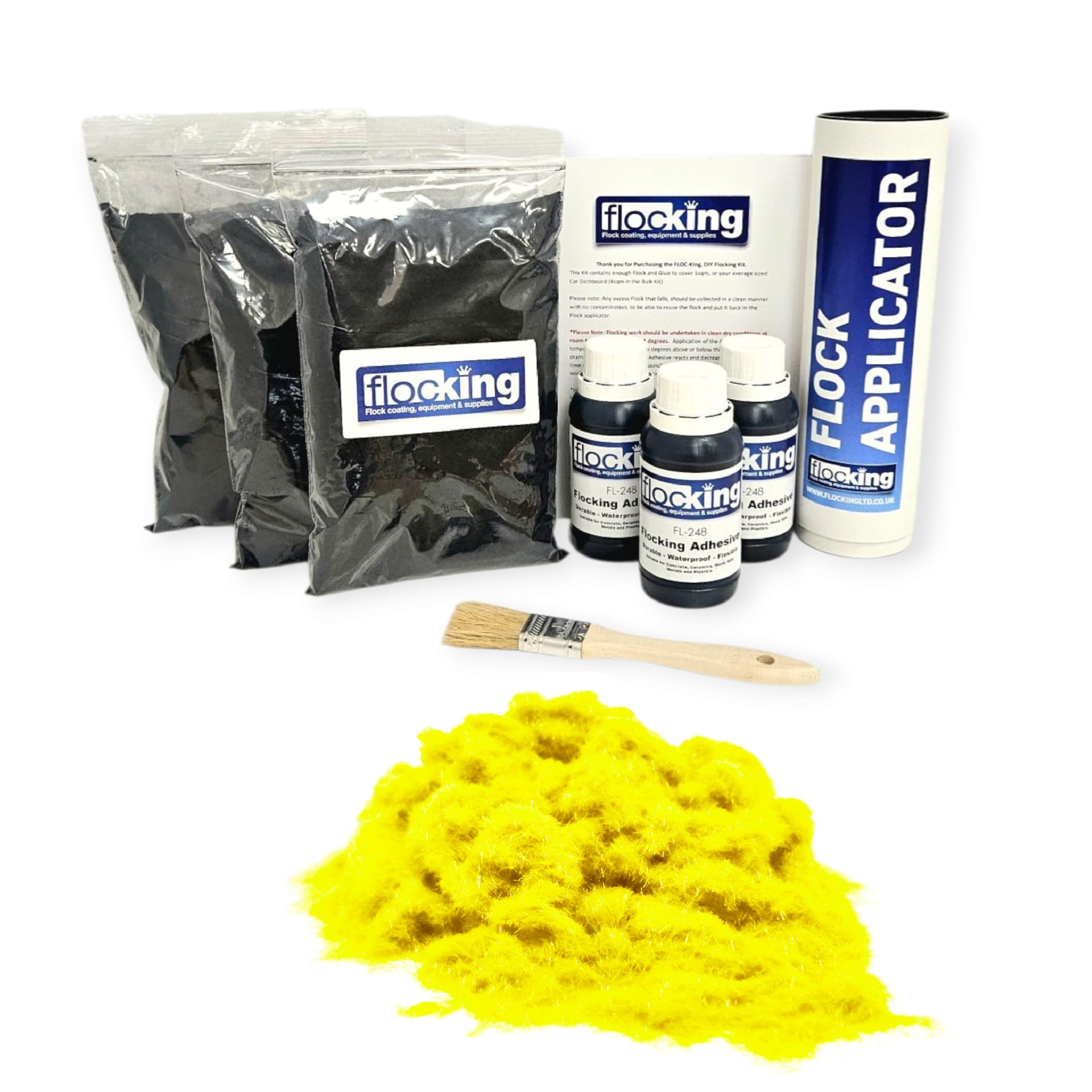 FLOC-KING Triple Flocking Kit for Car Dashboards & Interiors - Professional DIY Flock Application Set - Includes 3sqm Nylon Fibres, Adhesive & Applicator (Fluorescent Yellow)
