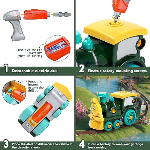 Miniatura 4 de Juego de juguetes desmontables para niños pequeños con taladro eléctrico, trenes de juguete eléctricos de bricolaje, juguetes de aprendizaje de