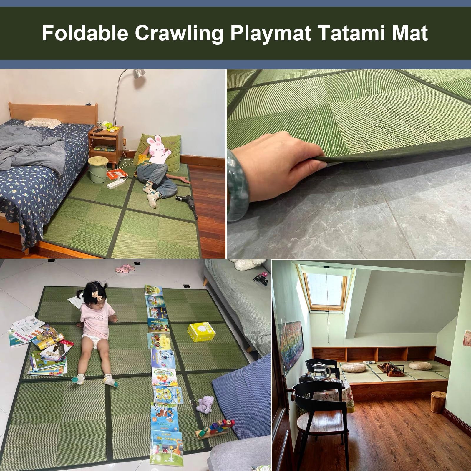 Esterilla Tatami Japonés Igusa Colchón de Suelo Alfombra Tapete de Juegos(Green,195x195cm)