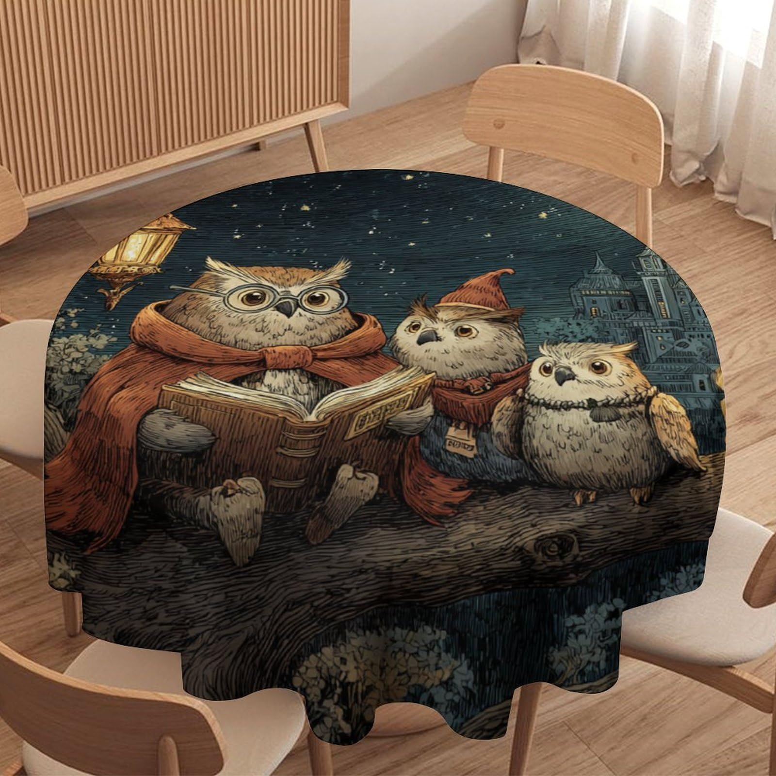 Luyysky Vintage Watercolor Cute Owl Waterproof Round Tablecloth Retro Classic Full Moon Starry Sky Galaxy Castle Animal Owls Washable Table Cover For Kitchen-177.8" Wx177.8 L Cm