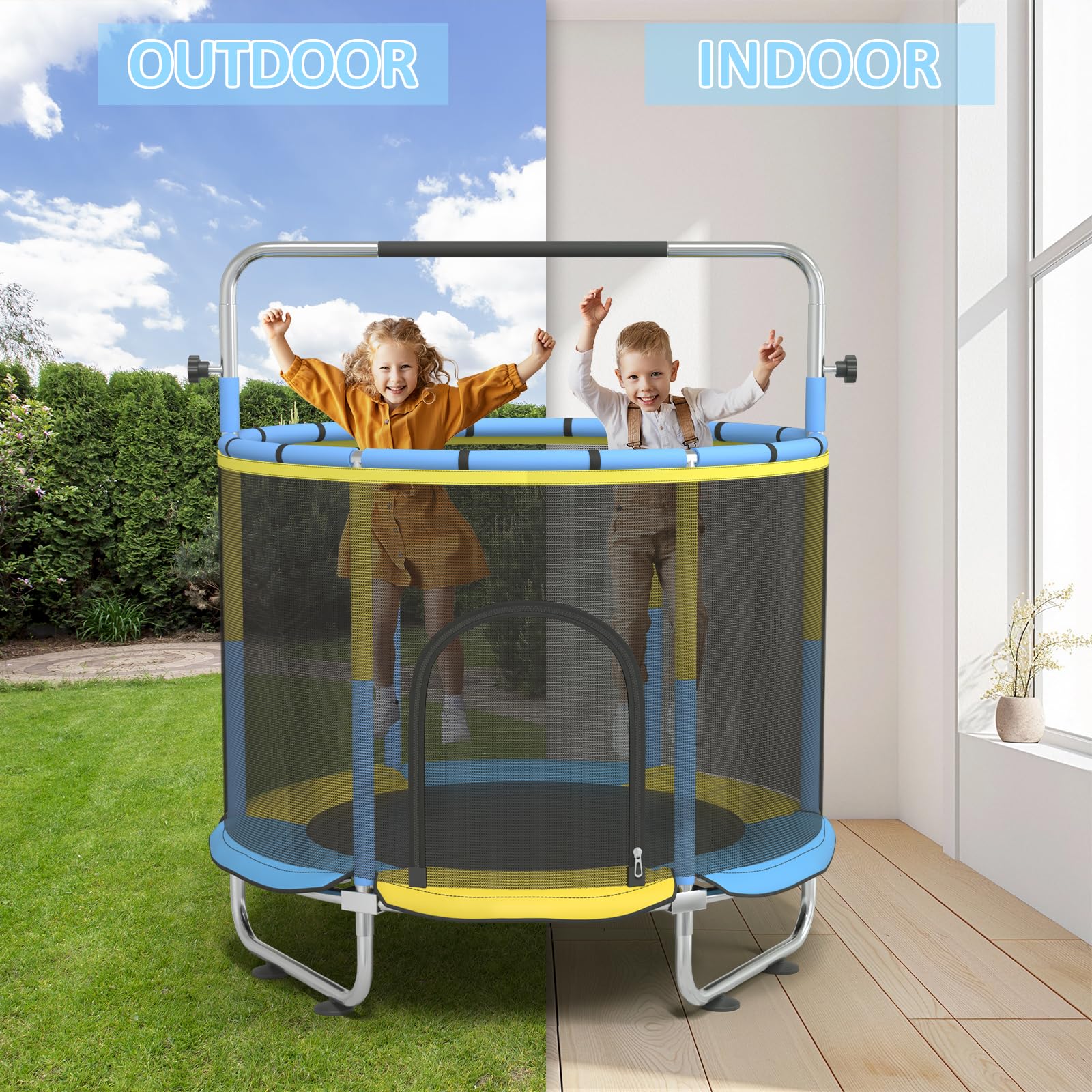Trampolín para niños, 60 pulgadas para interiores y exteriores, con barra de gimnasia ajustable y aro de baloncesto, regalo de juguete para niños y niñas