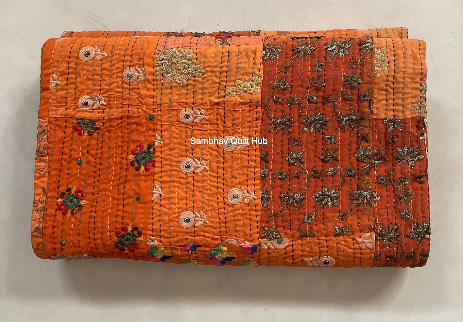 Orange Beautiful Handmade Vintage Silk Sari Jari Patchwork Khambhadiya Kantha Quilting Embroidery Kantha Quilt Reversible Bed Cover Assoted Kantha Quilt Throw Blanket Twin/Queen/King (60X90 inch)